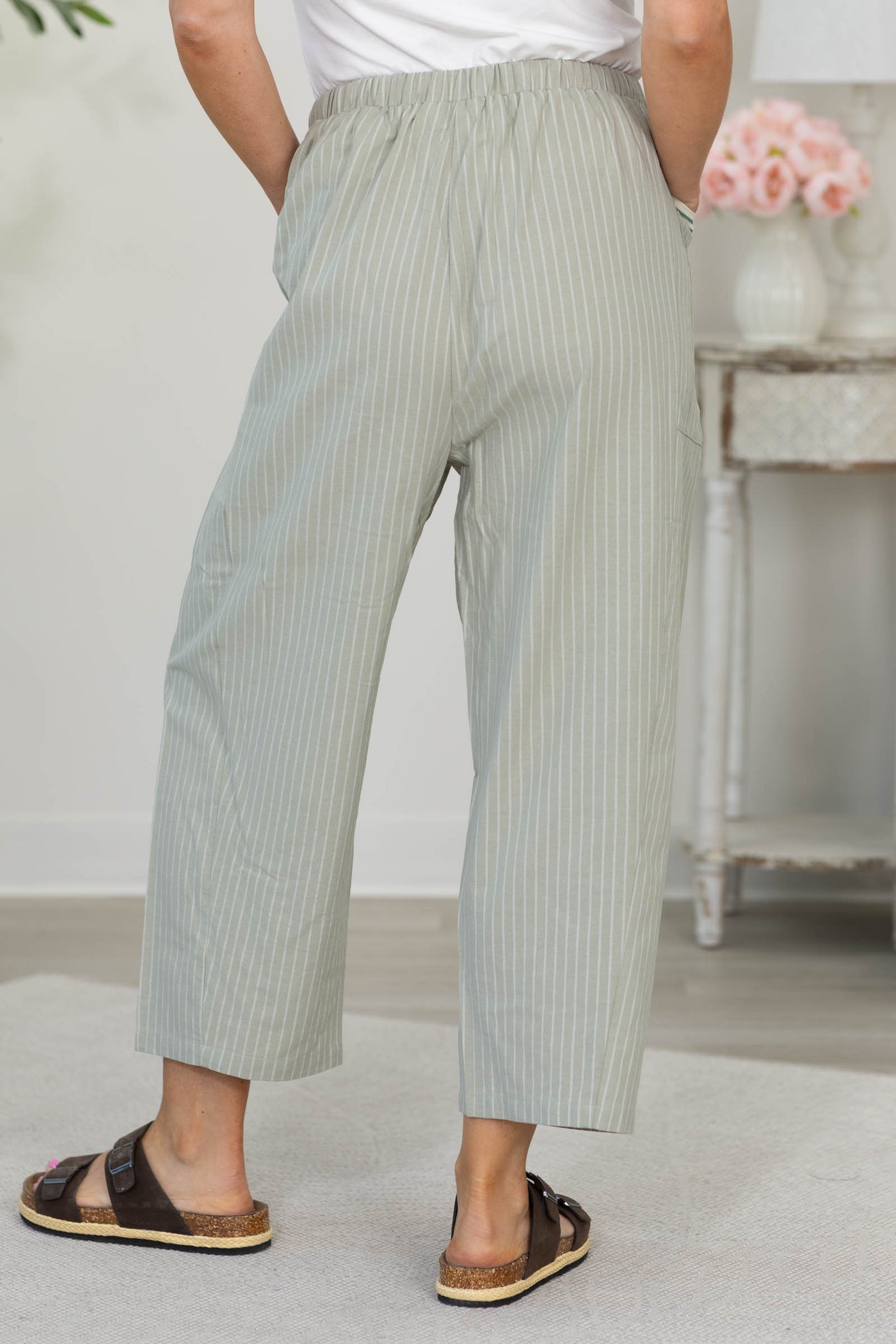 Sage Striped Linen High Waist Cropped Pants
