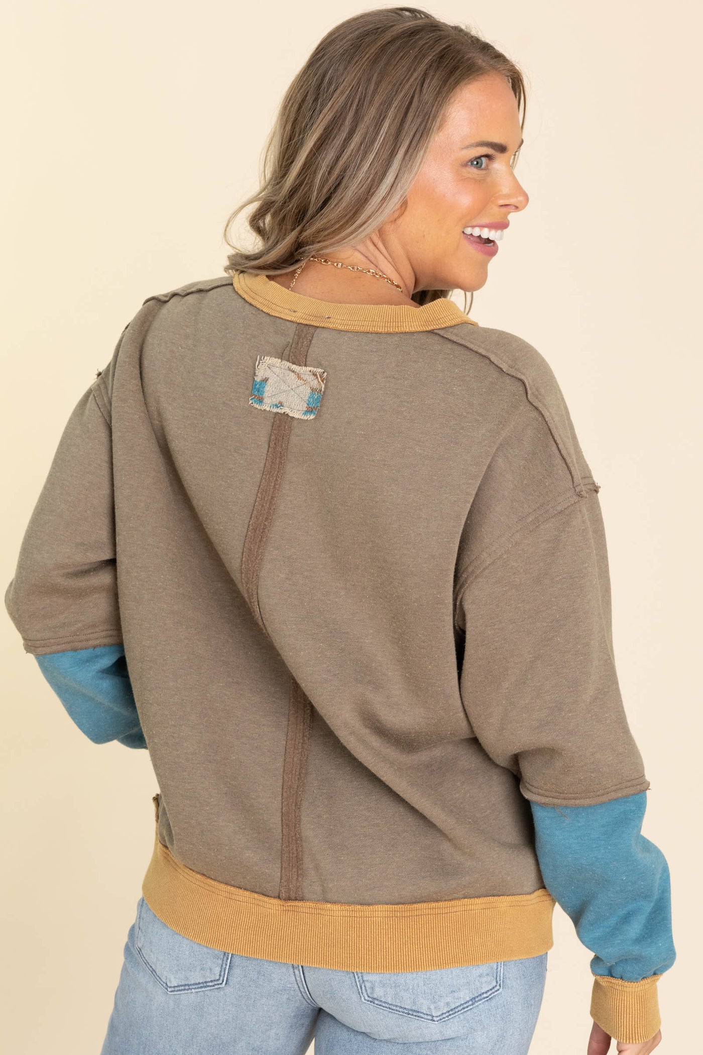 Brown And Teal Ethnic Print Knit Crewneck