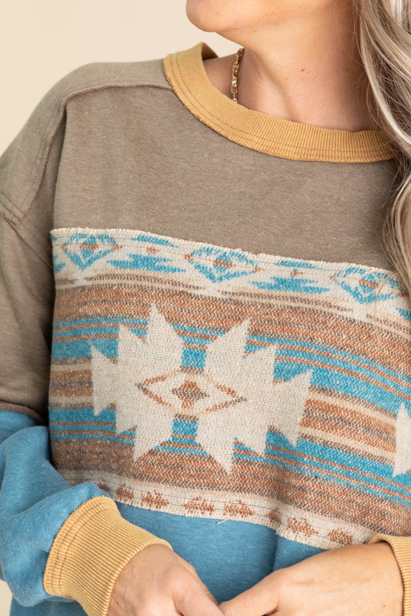 Brown And Teal Ethnic Print Knit Crewneck