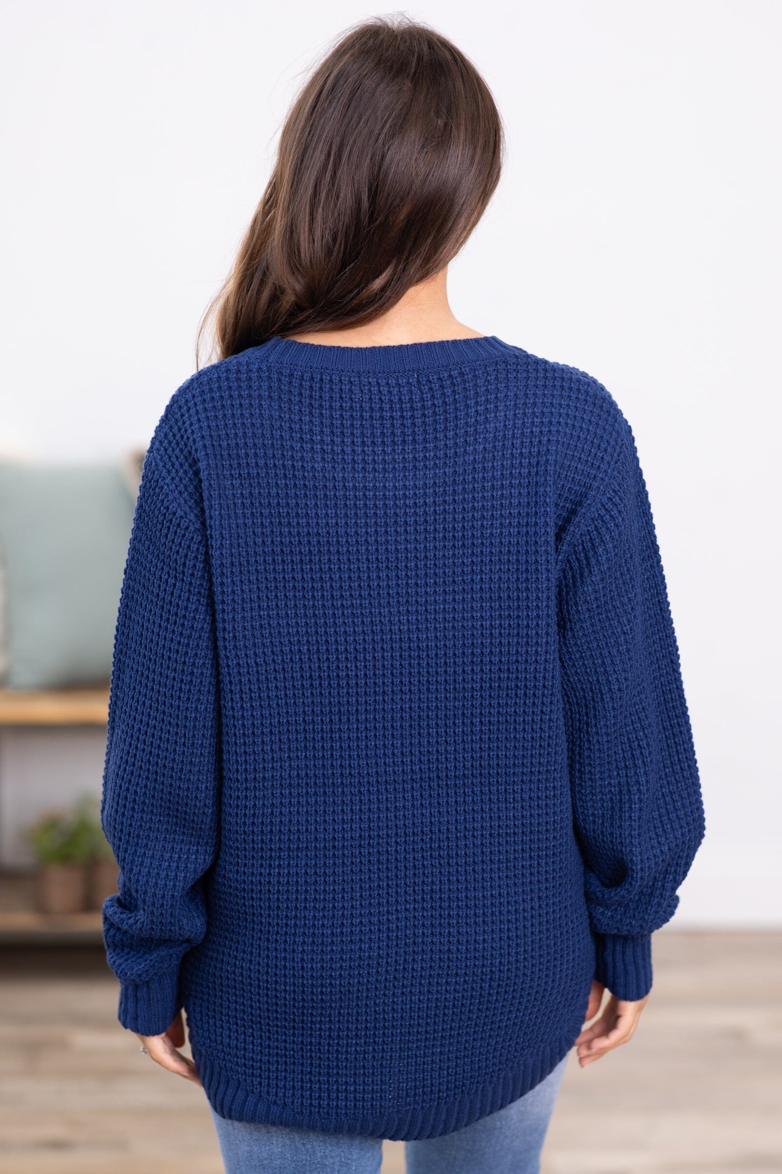 Navy Waffle Knit Round Hem Sweater - Filly Flair