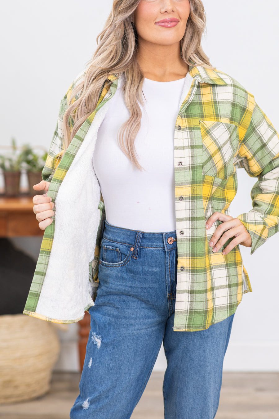 Olive and Mustard Plaid Faux Fur Lined Shacket