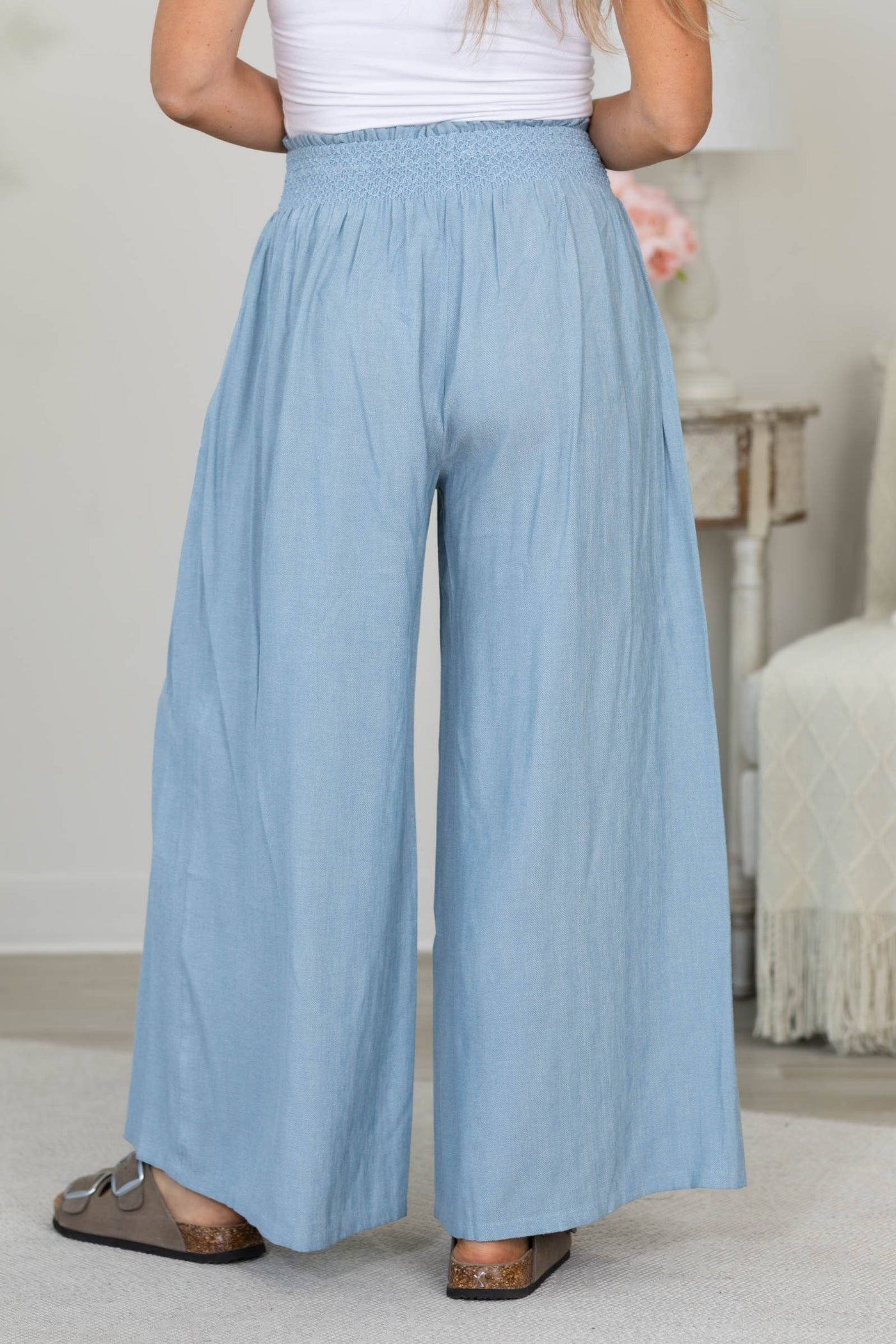 Cotierra Linen-Blend Smocked Waist Wide Pants With Pockets