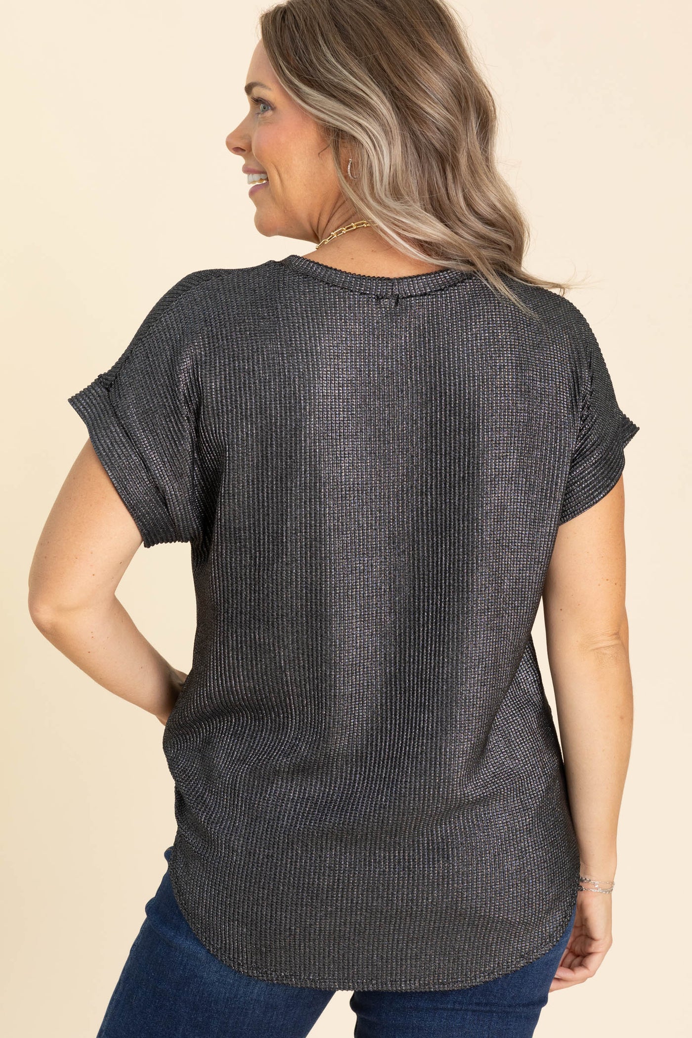 Metallic Black Cap Sleeve Textured Knit Top