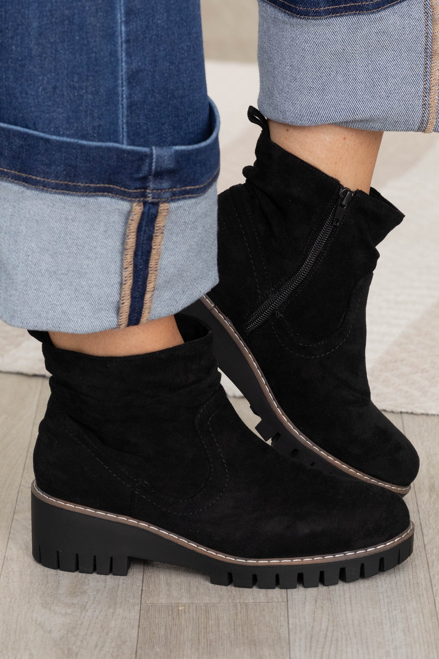 Micro Suede Lug Sole Boot With Slouch Detail