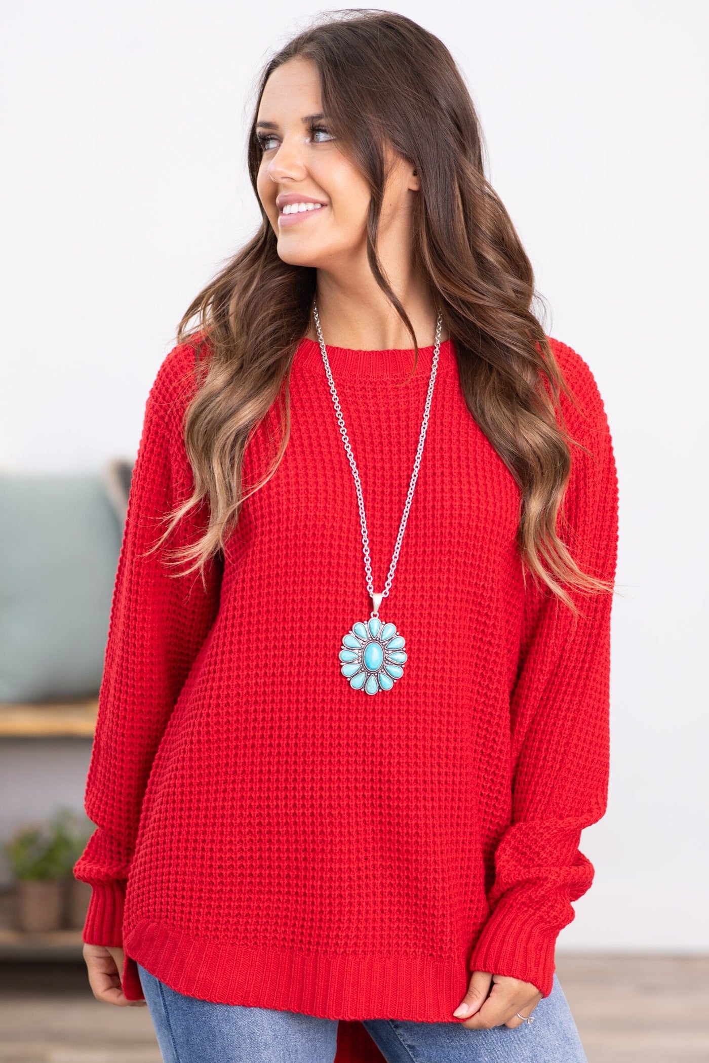 Red Waffle Knit Round Hem Sweater - Filly Flair