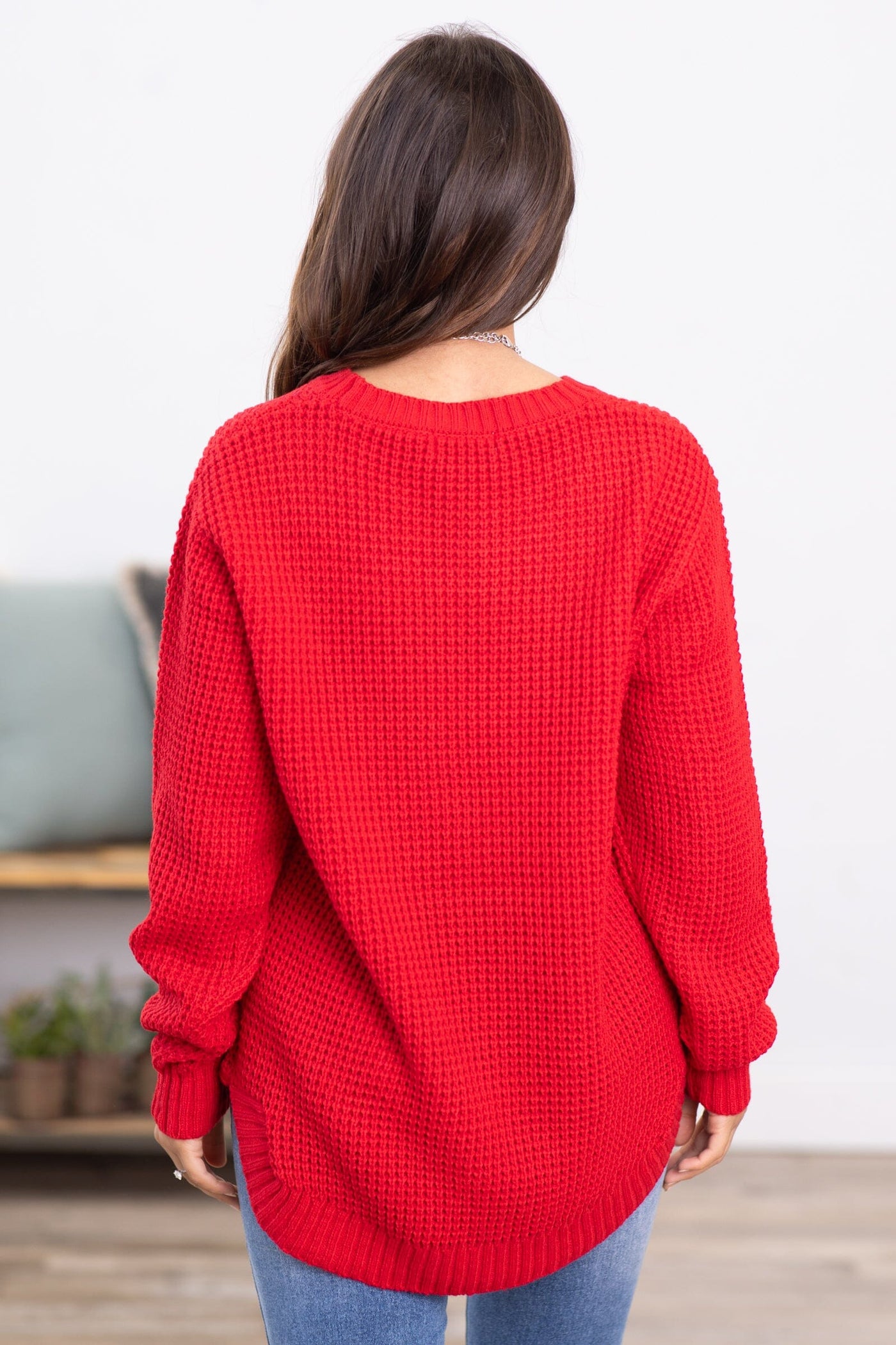 Red Waffle Knit Round Hem Sweater - Filly Flair