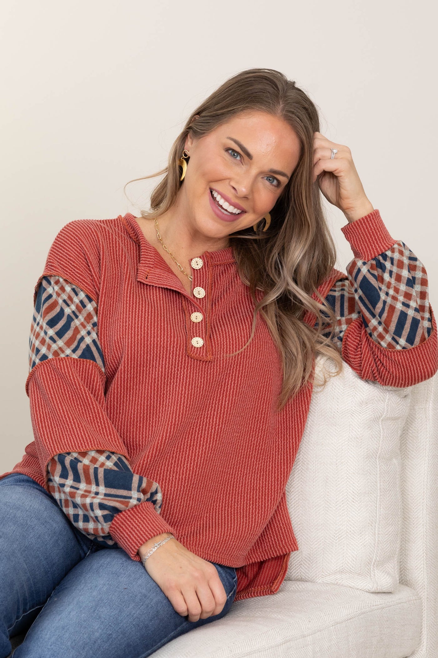 Rib Knit Tops With Colorblock Plaid Sleeves