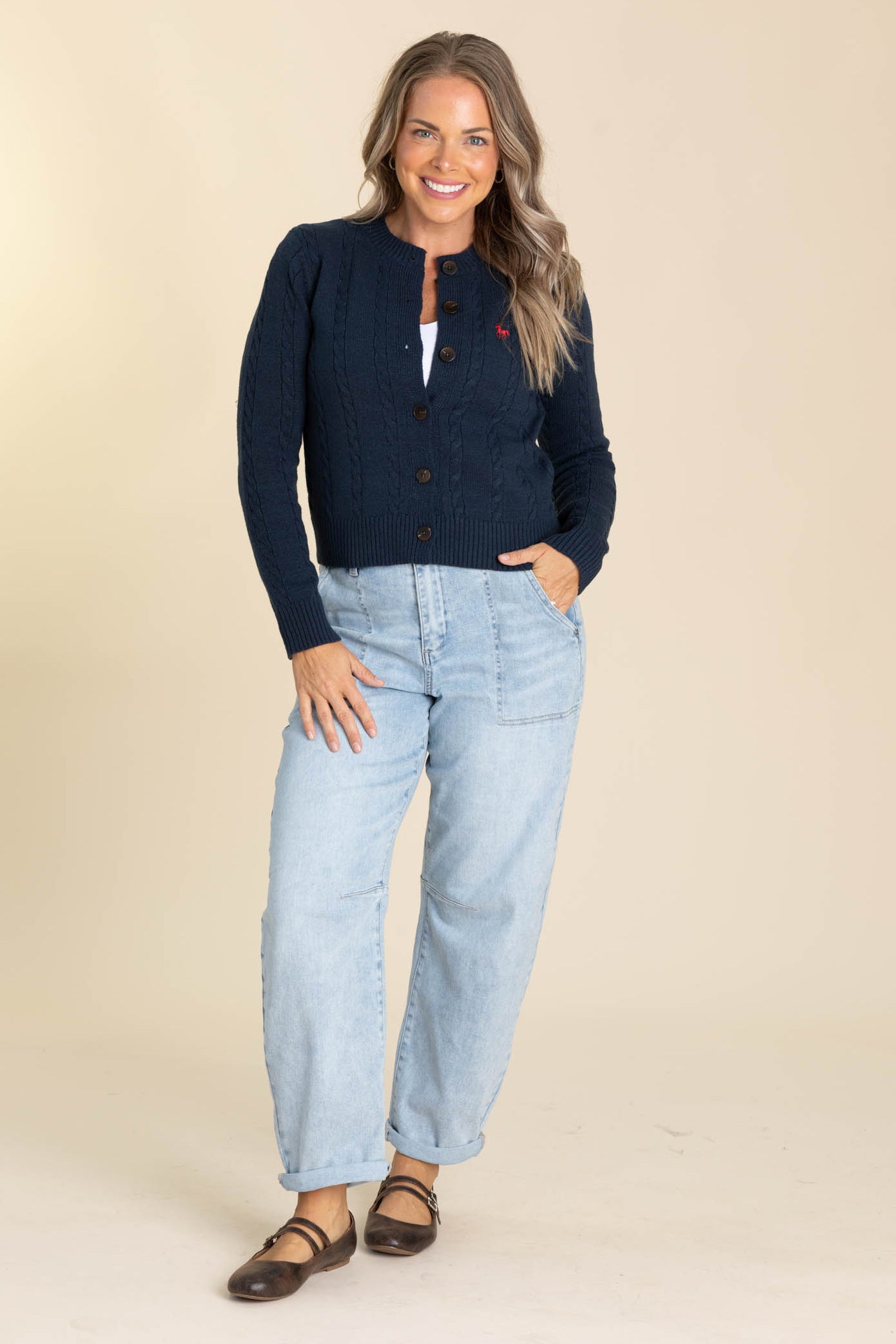 Navy Button Up Cable Knit Sweater Cardigan