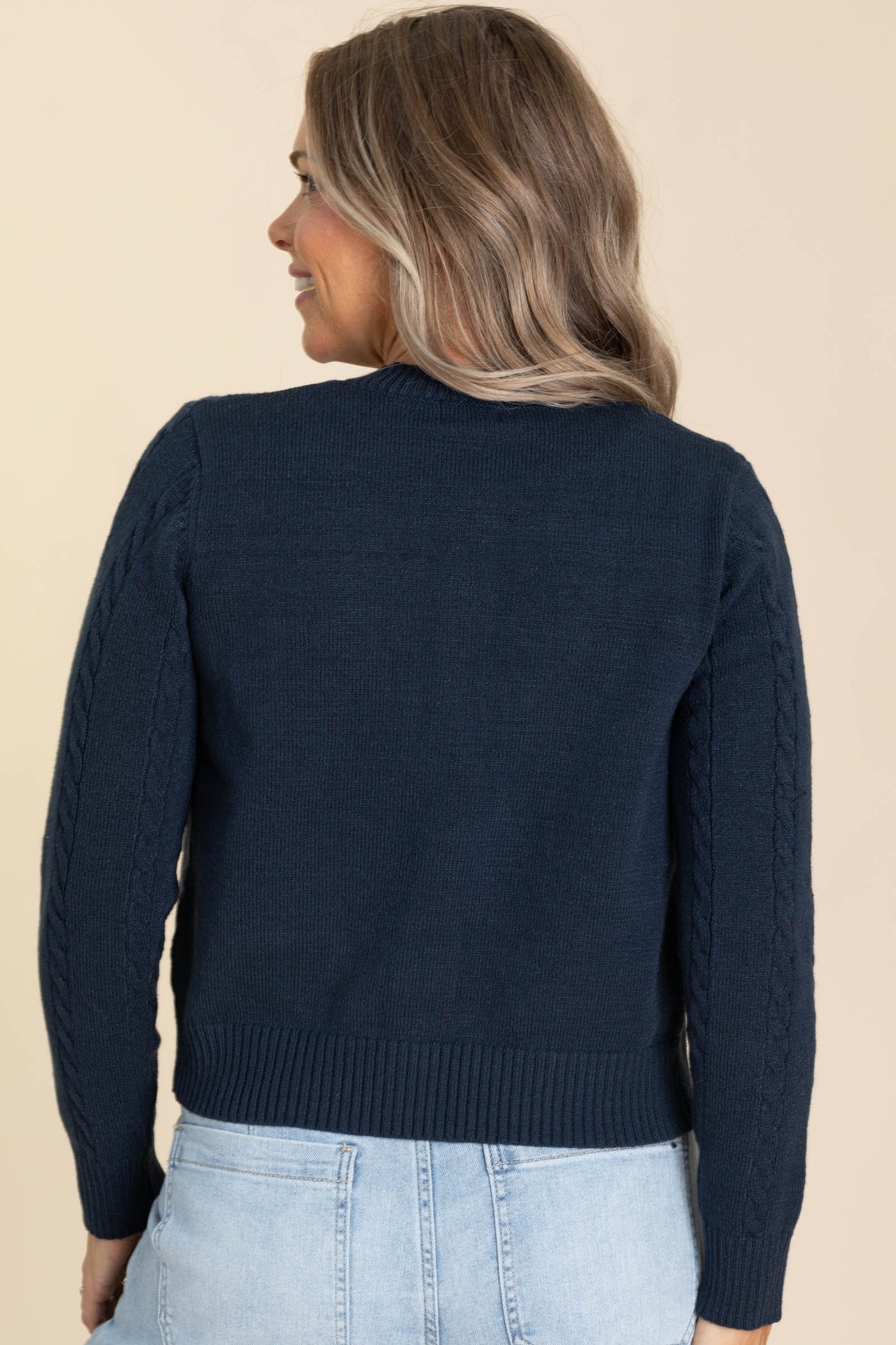 Navy Button Up Cable Knit Sweater Cardigan