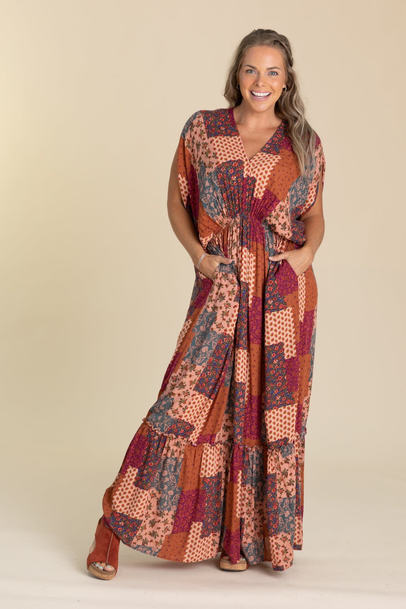 Rust Patchwork Printed Maxi Dress With Slit · Filly Flair Rust Patchwork Printed Maxi Dress With Slit · Filly Flair