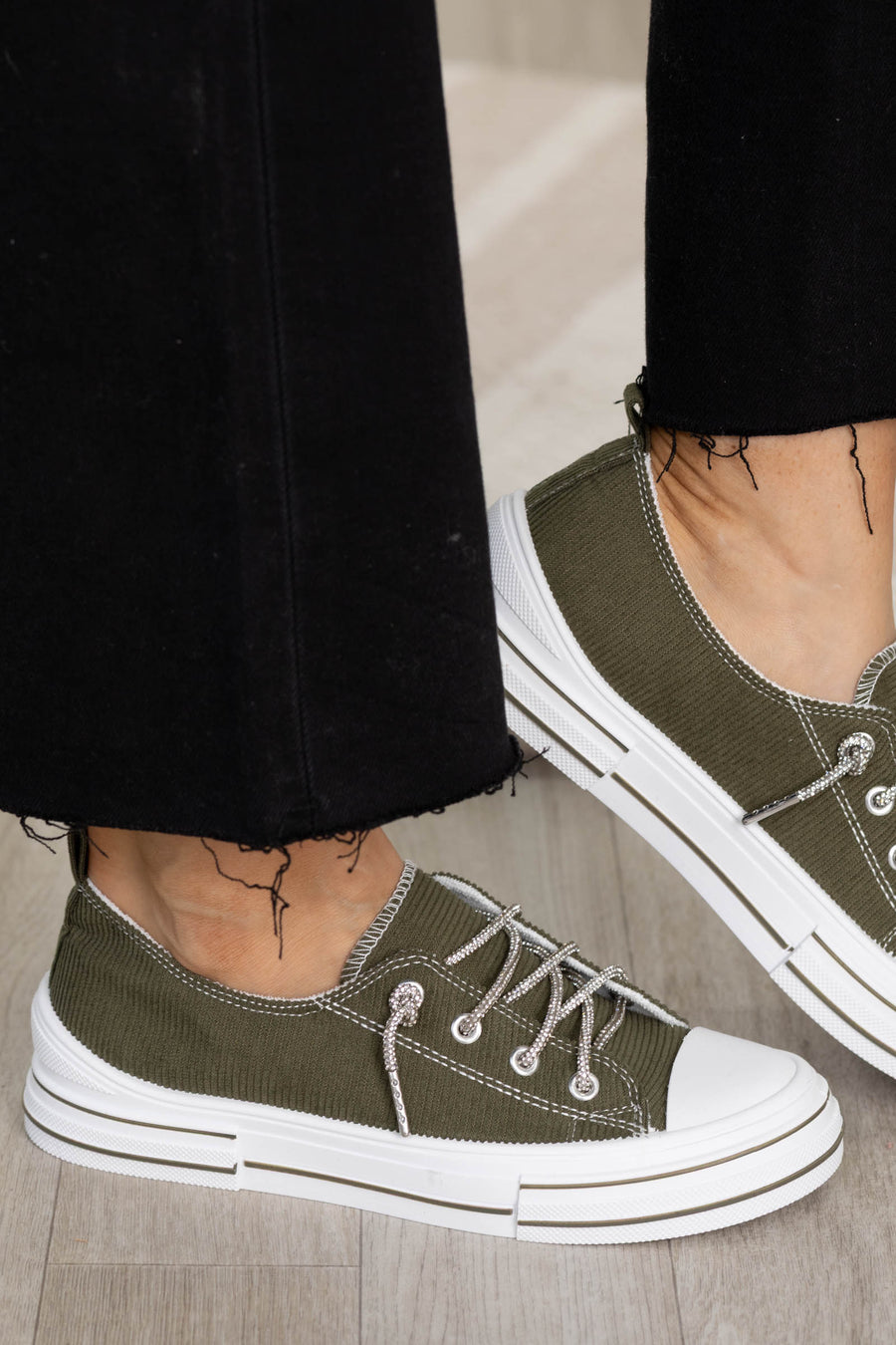 Olive Platform Sneakers With Sparkle Laces