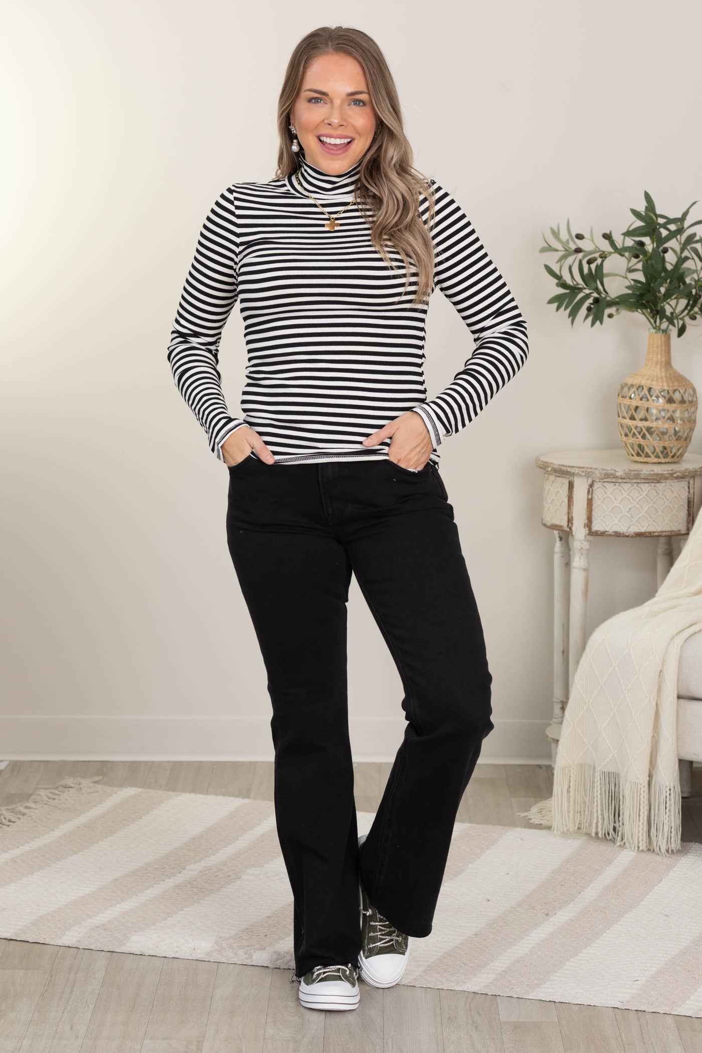 Striped Turtleneck Fitted Knit Tops