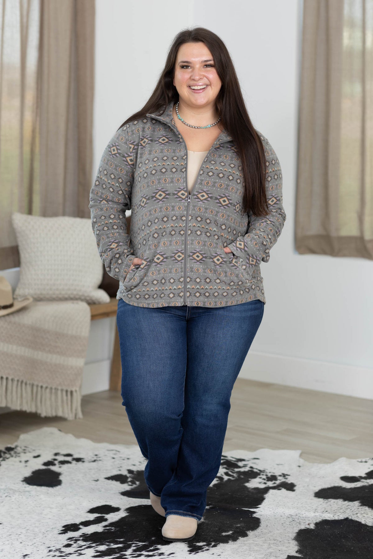 Full Zip Aztec Fleece Print Jacket