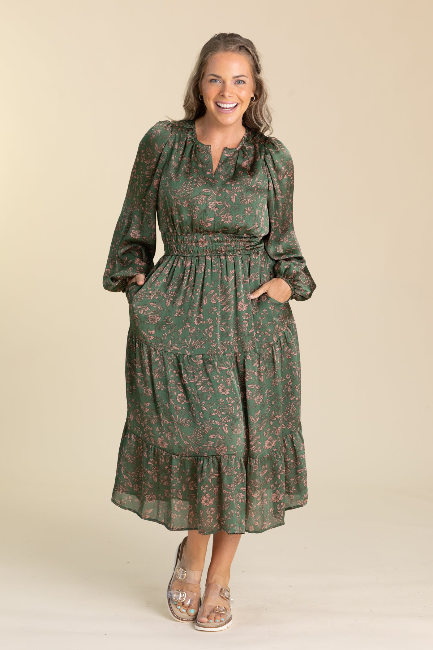 Olive Printed Satin Crinkled Tiered Dress