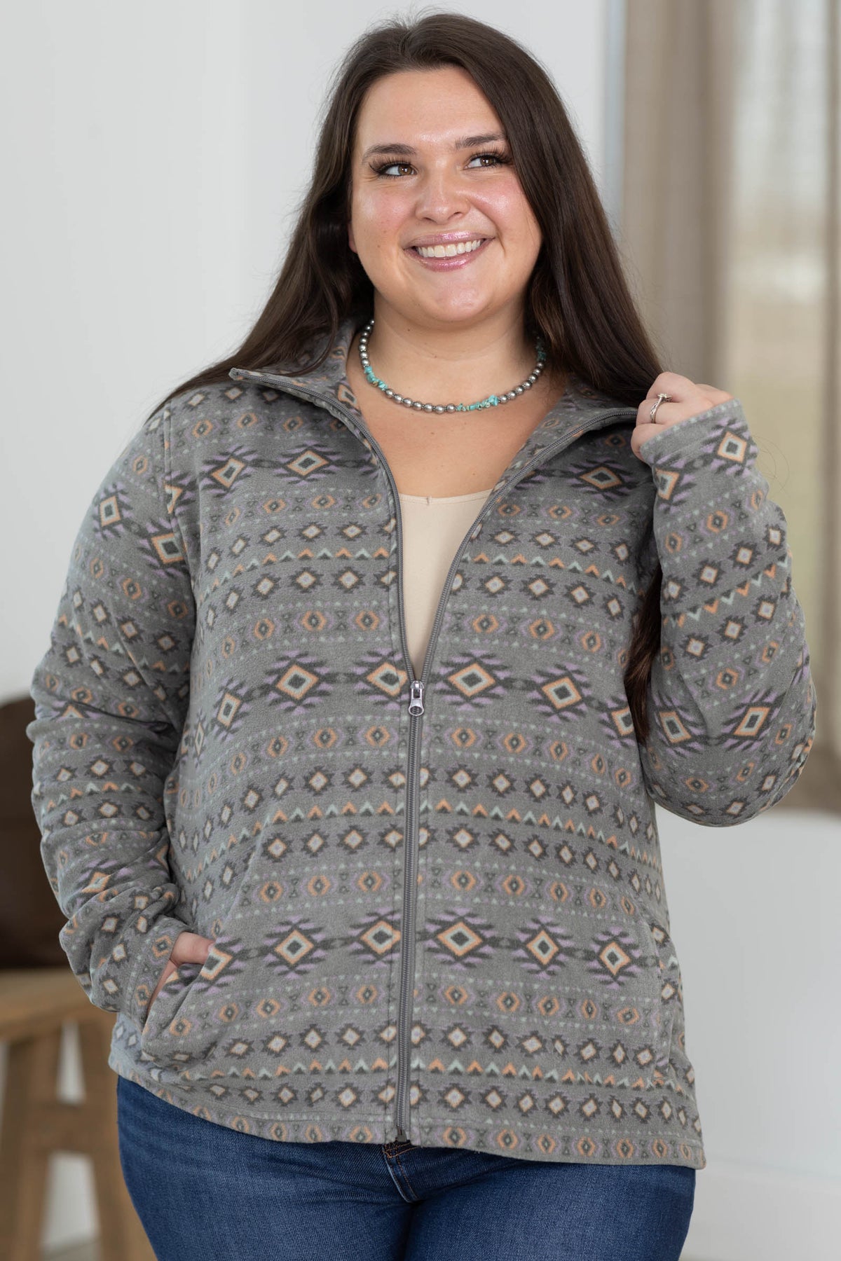 Full Zip Aztec Fleece Print Jacket