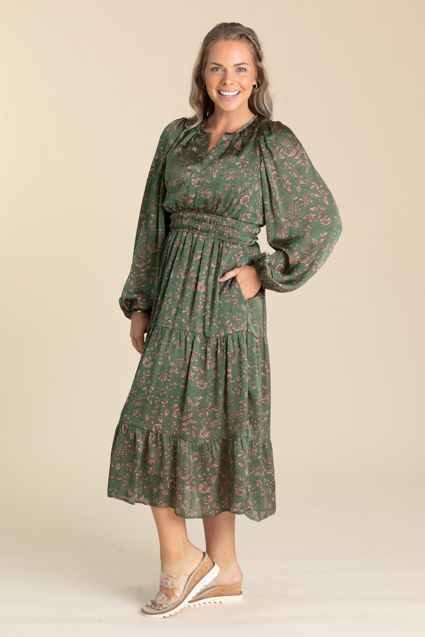 Olive Printed Satin Crinkled Tiered Dress