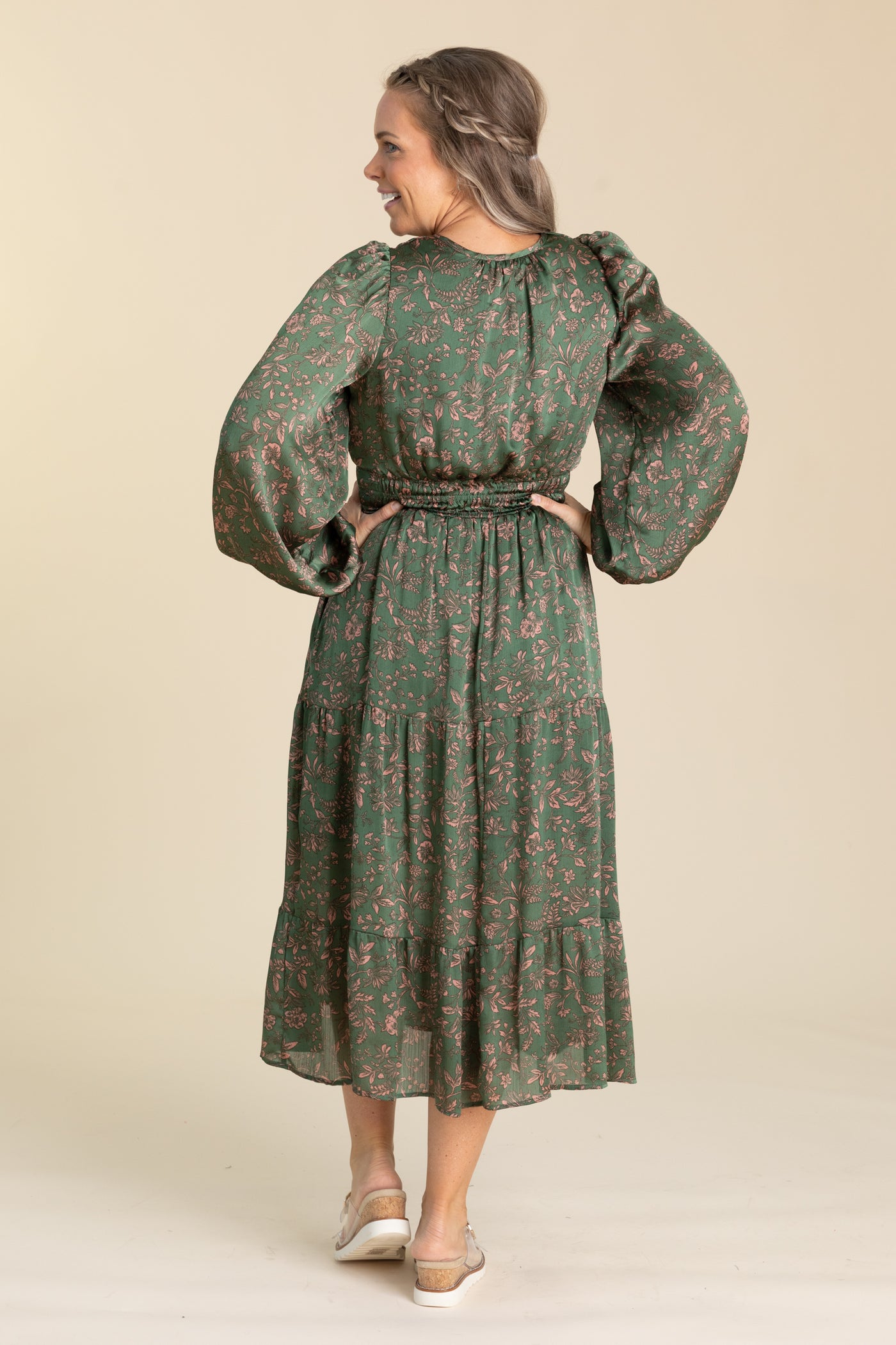 Olive Printed Satin Crinkled Tiered Dress