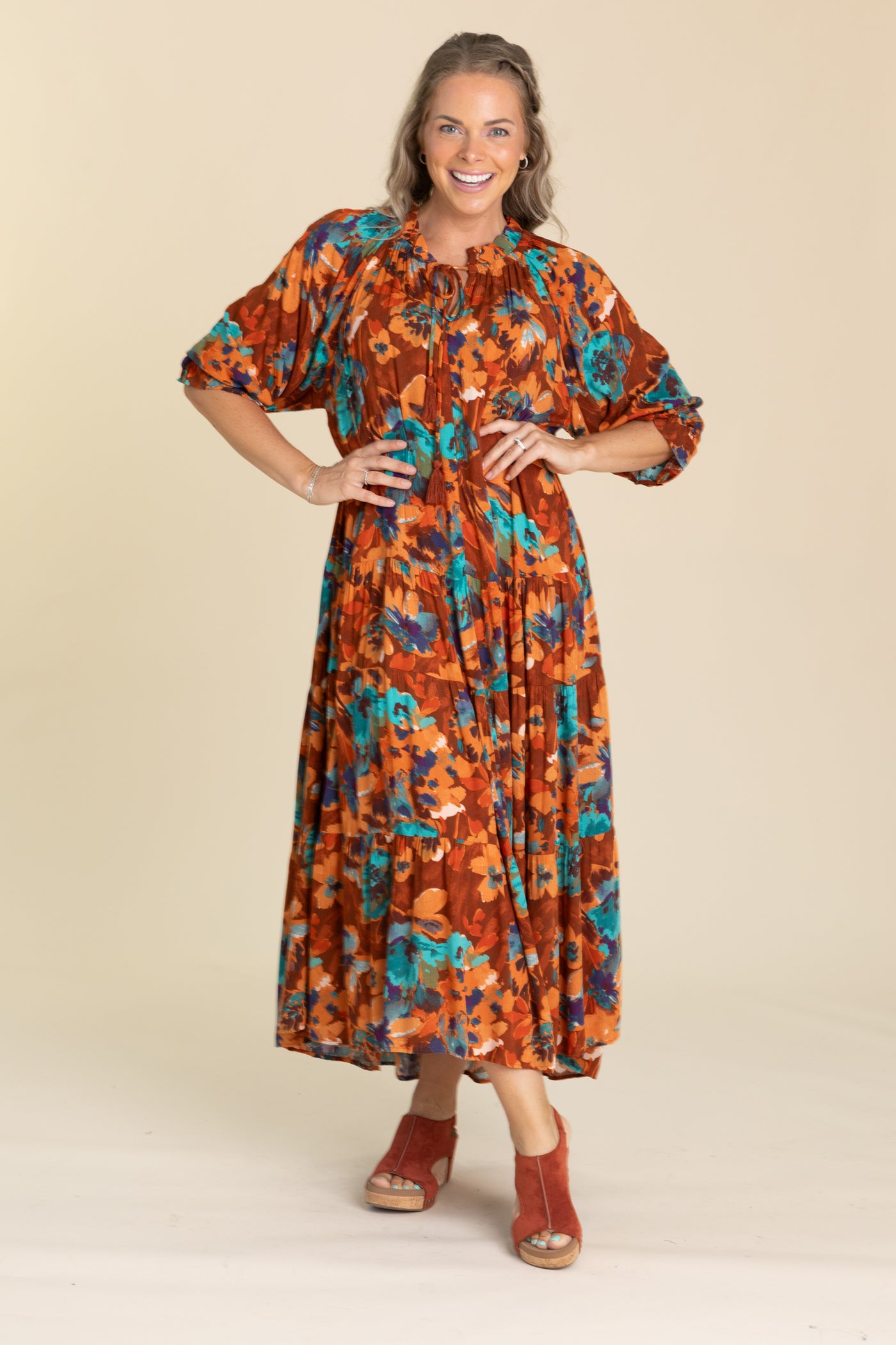 Rust And Teal Floral Printed Dress Filly Flair Rust And Teal Floral Printed Dress Filly Flair