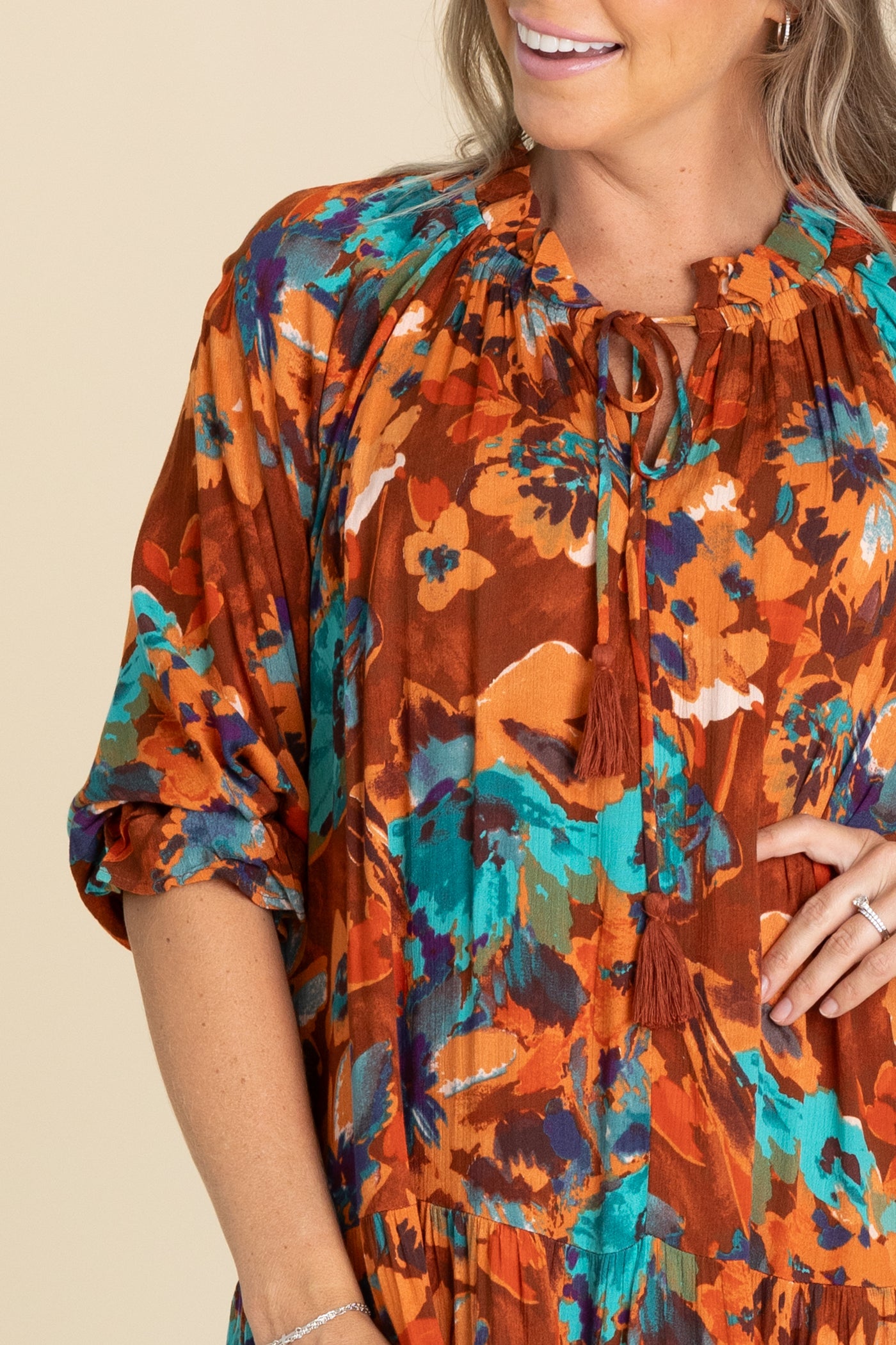 Rust And Teal Floral Printed Dress Filly Flair Rust And Teal Floral Printed Dress Filly Flair