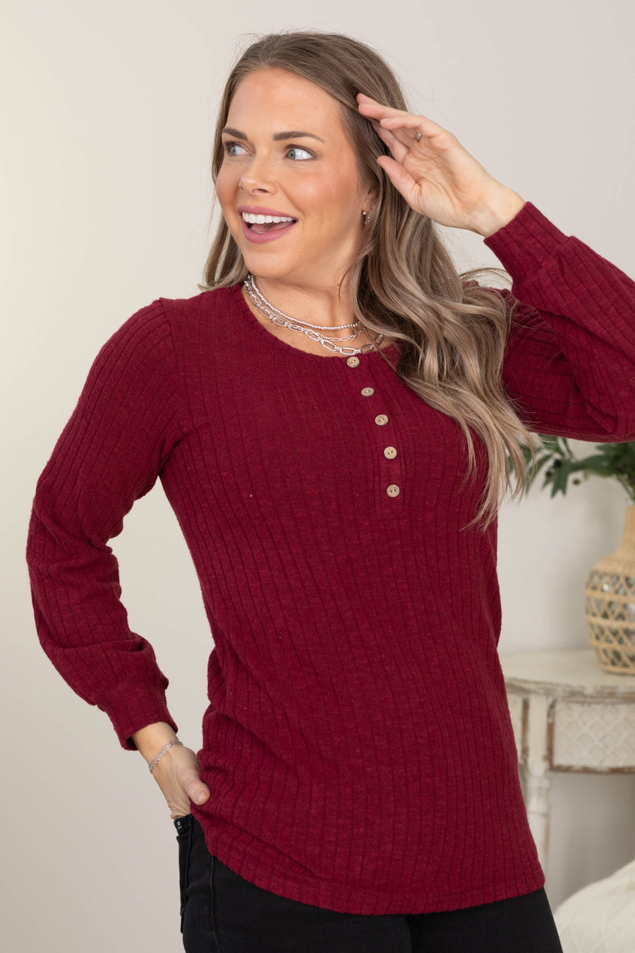 Burgundy Hacci Ribbed Top With Faux Buttons