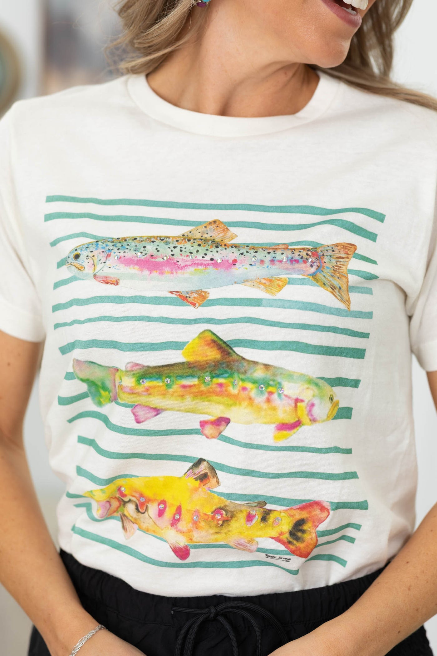 Ivory Stripe Fish Graphic Knit Top- 100% Cotton