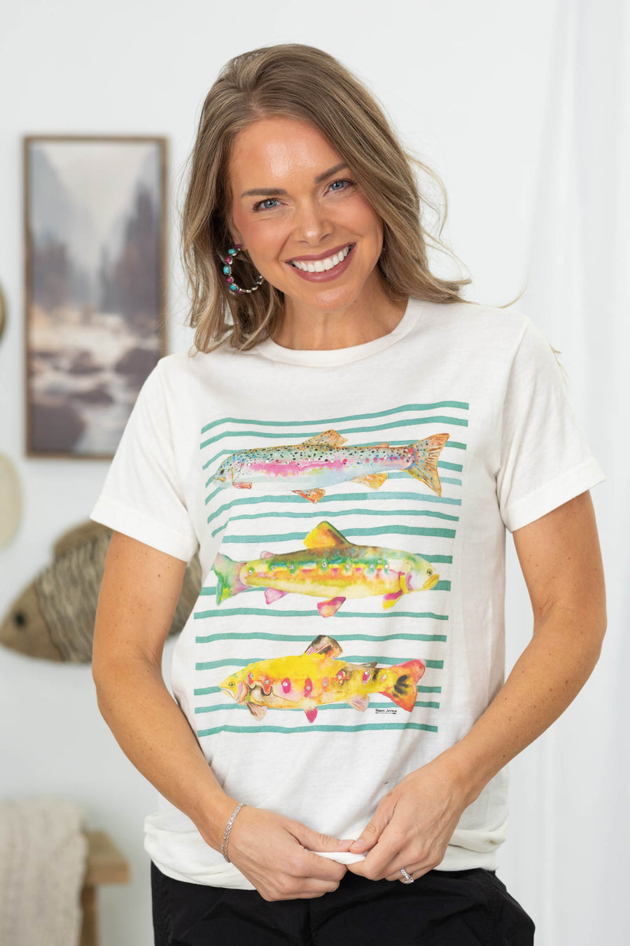 Ivory Stripe Fish Graphic Knit Top- 100% Cotton