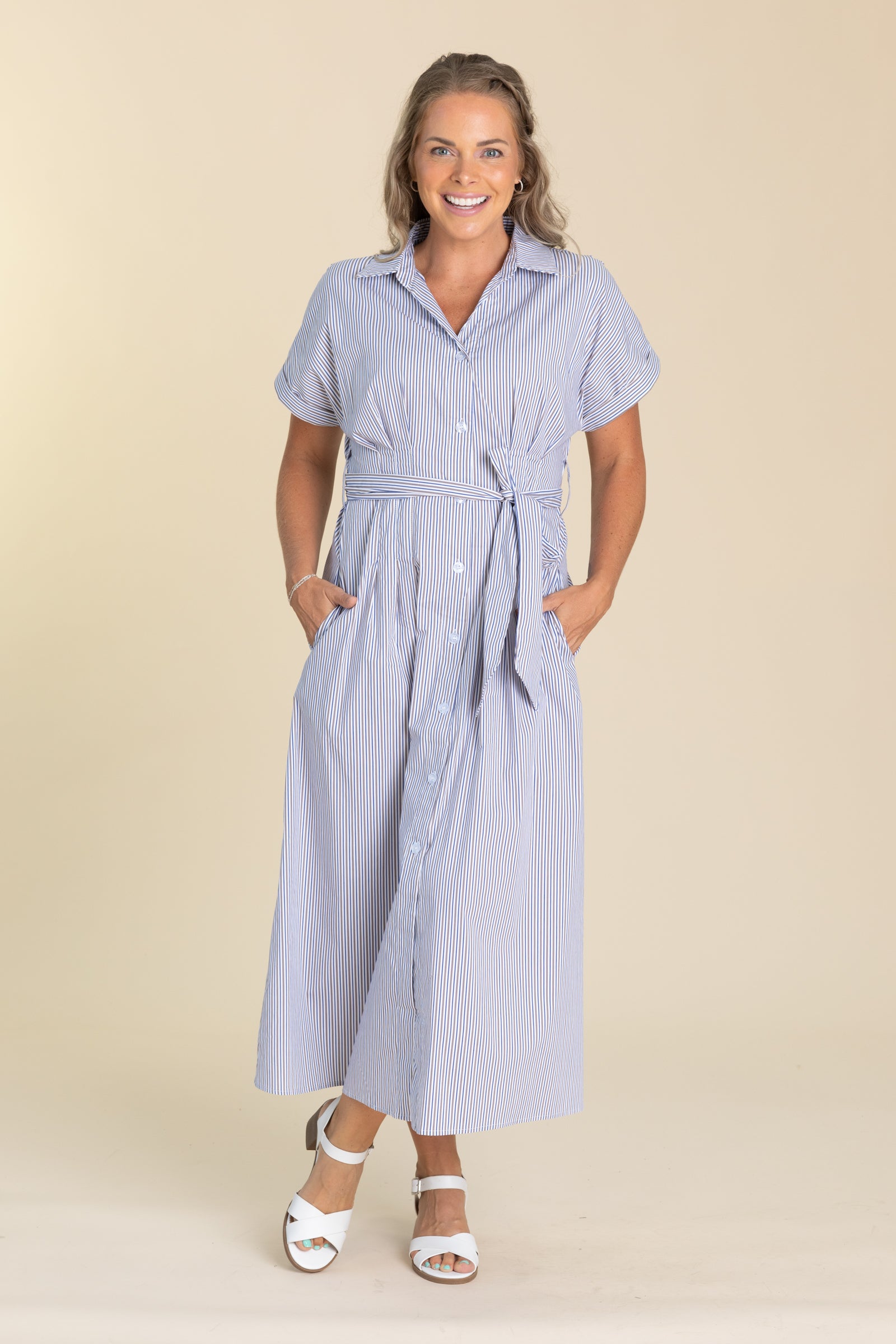 blue white striped dress women Off White And Blue Midi Striped Collared Dress