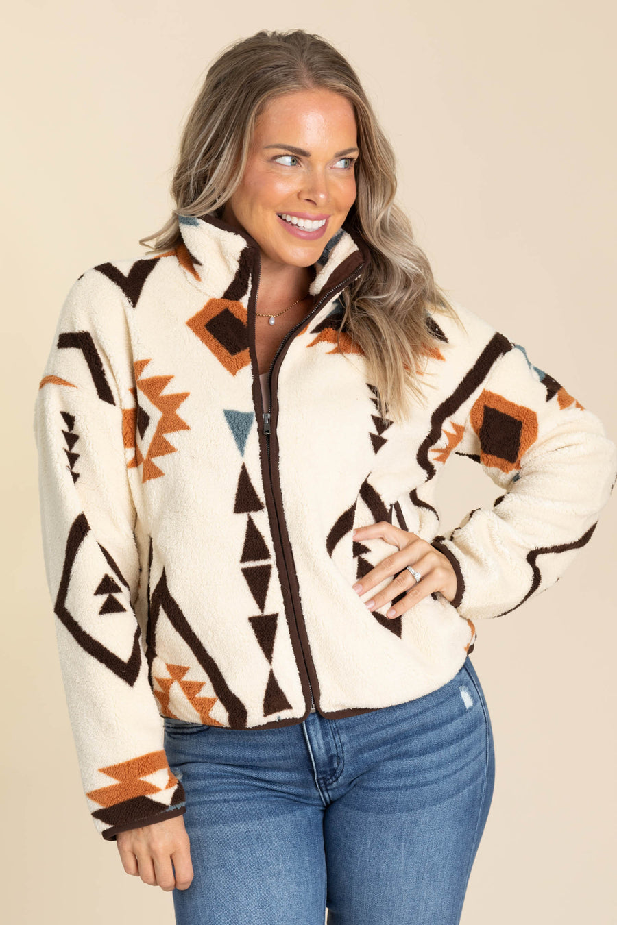 Cream Fleece Aztec Zip Up Jacket