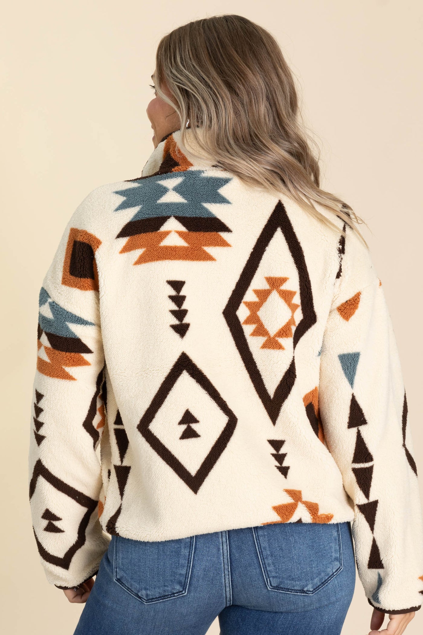 Cream Fleece Aztec Zip Up Jacket