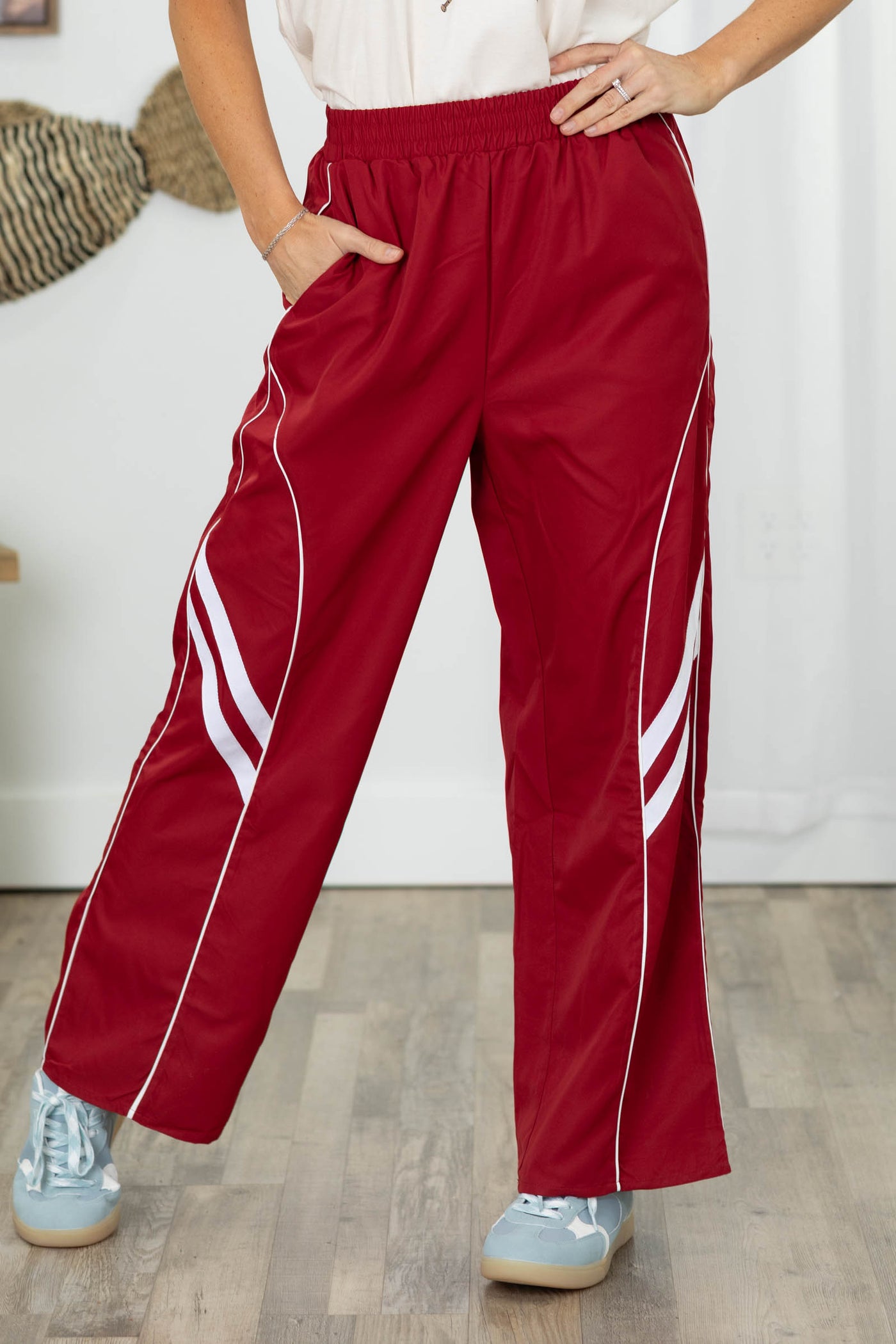Red Wide Leg Track Pants Piping Detail