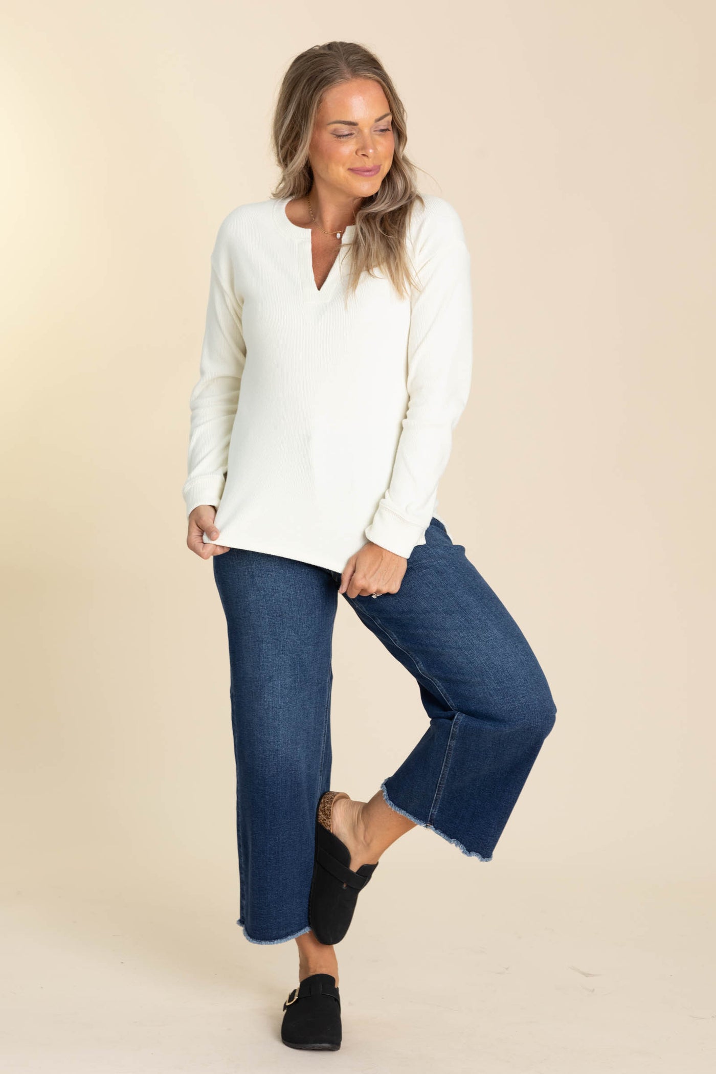 Ivory V-Neck Knit Waffle Long Sleeve Top