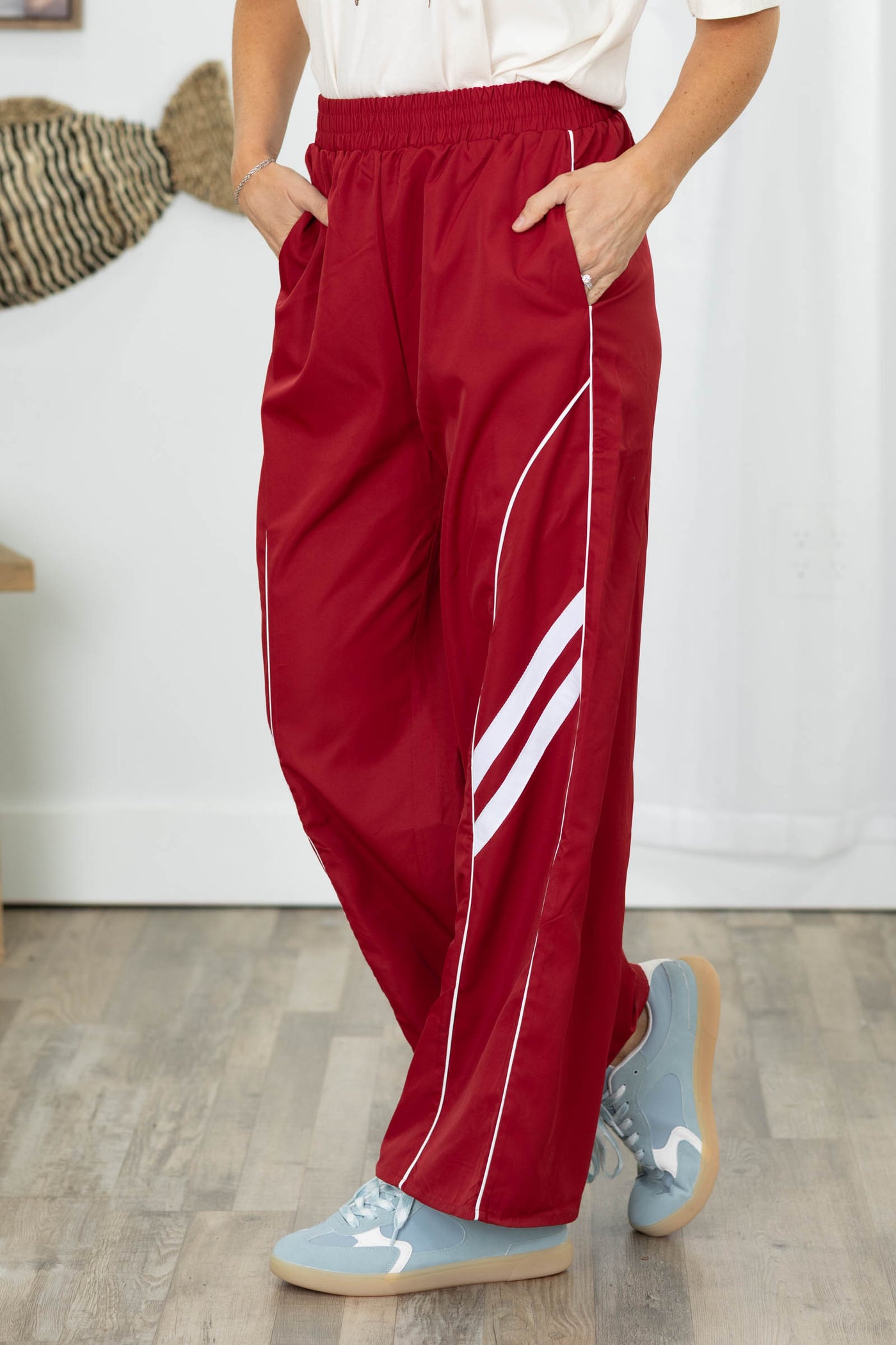 Red Wide Leg Track Pants Piping Detail