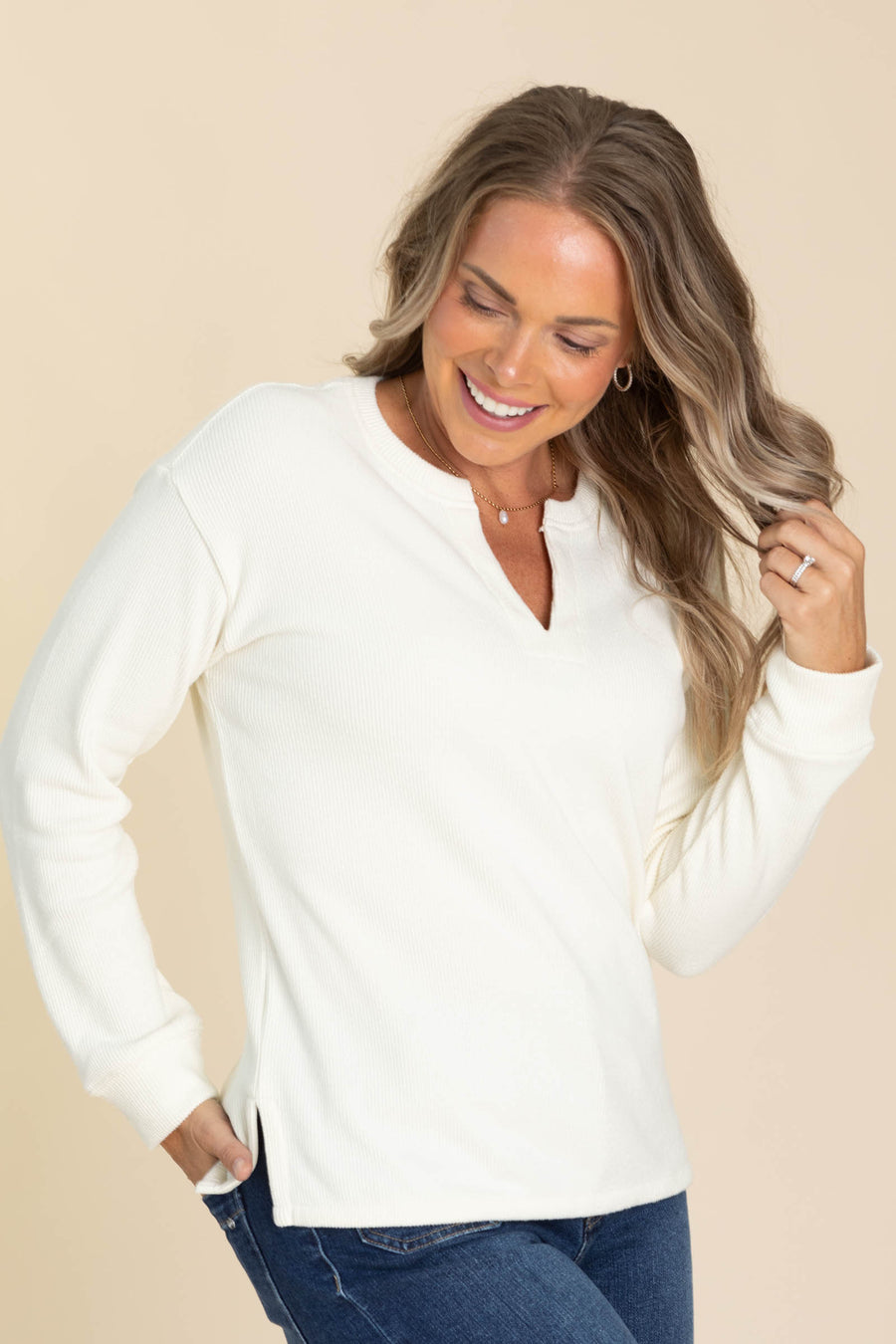 Ivory V-Neck Knit Waffle Long Sleeve Top
