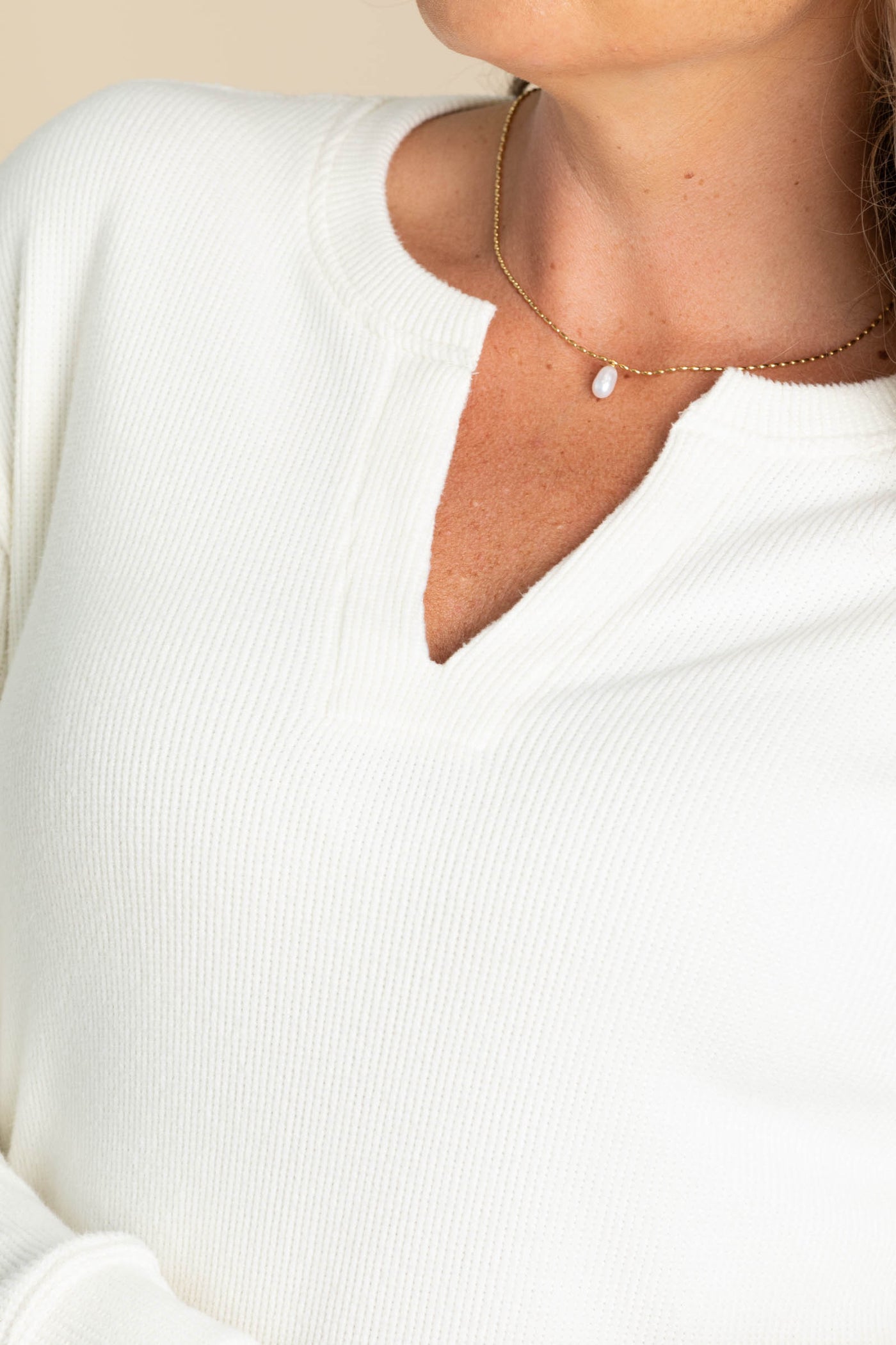 Ivory V-Neck Knit Waffle Long Sleeve Top