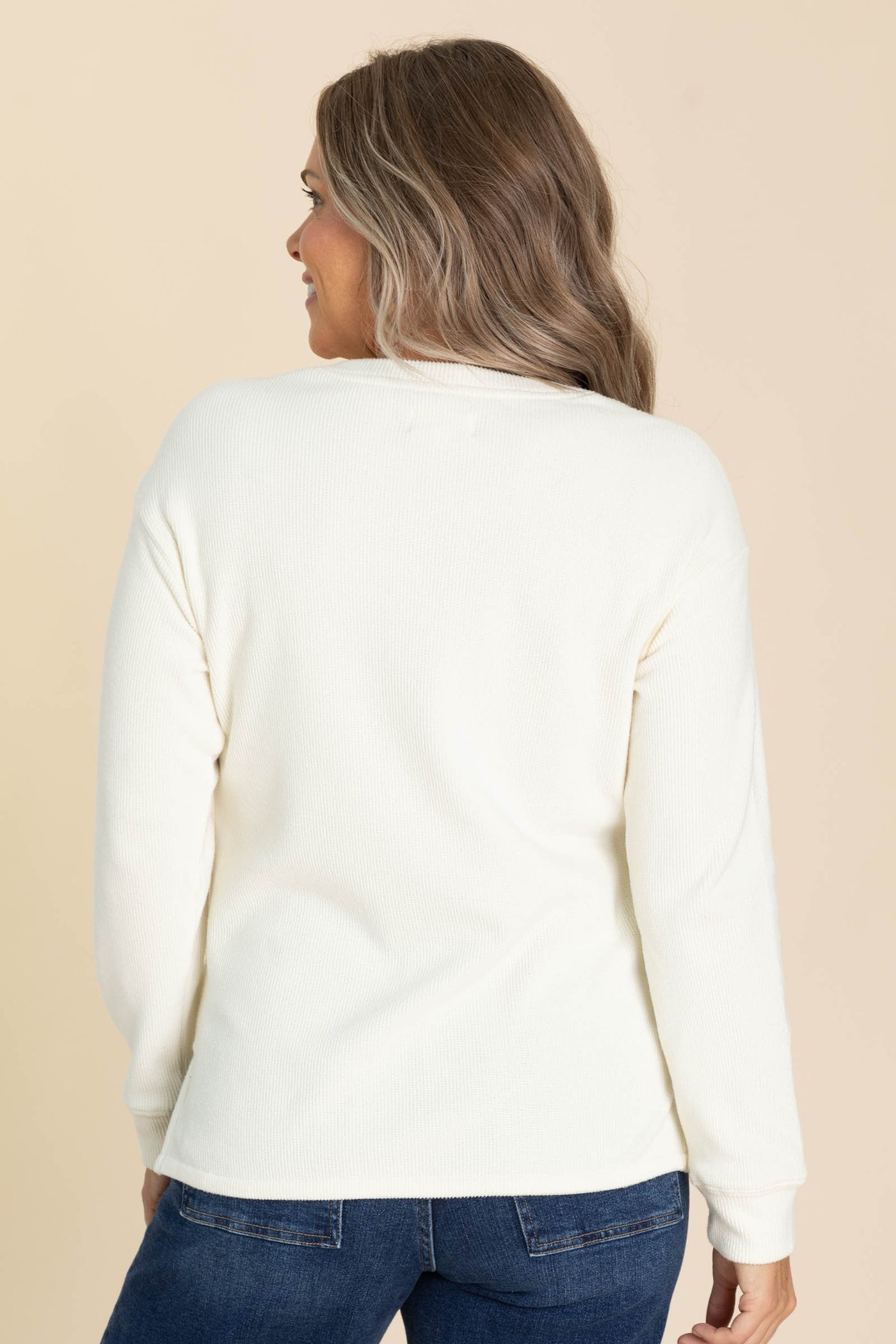 Ivory V-Neck Knit Waffle Long Sleeve Top