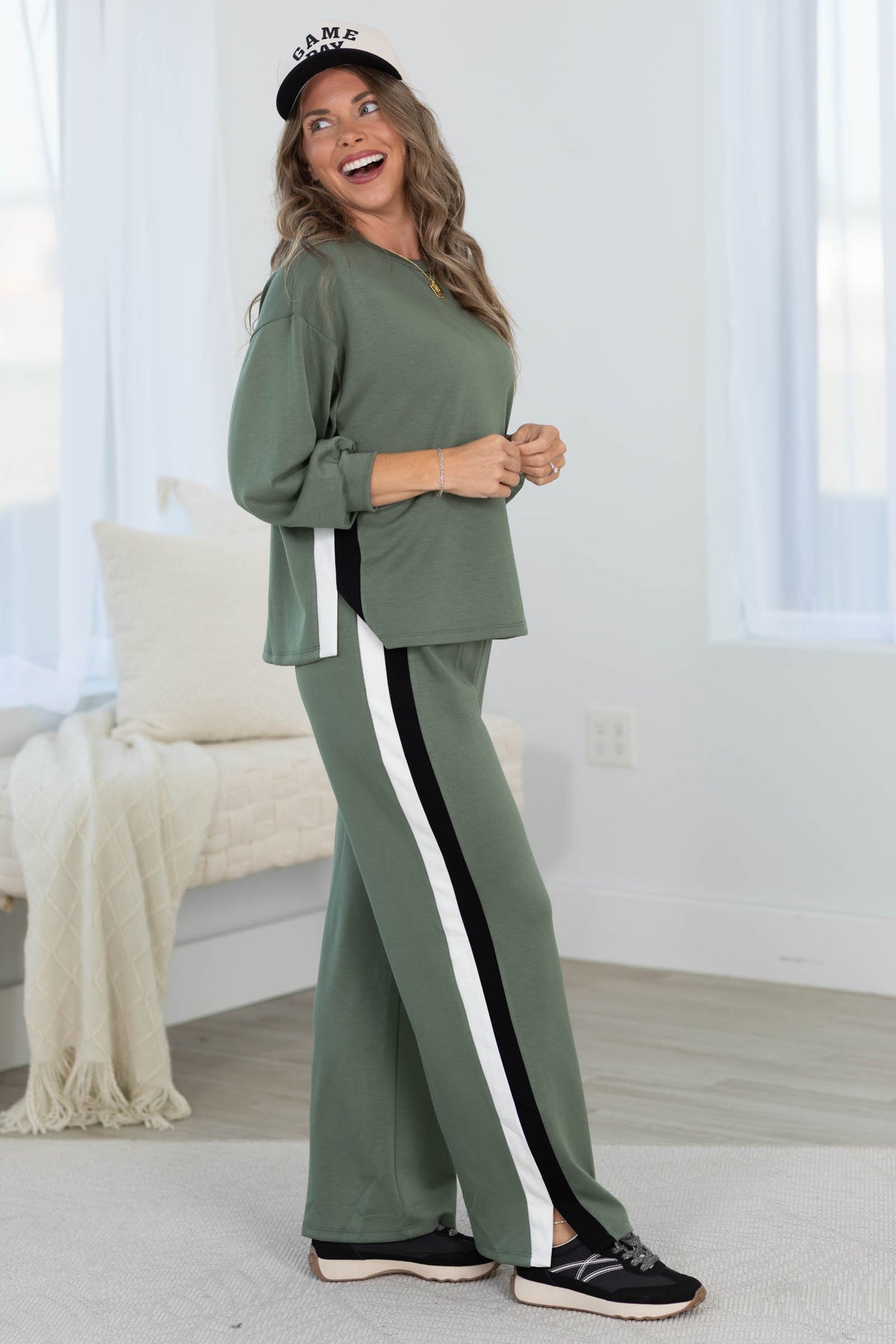 Off Duty Wide Leg Scuba Pants With Track Stripe by Filly Flair