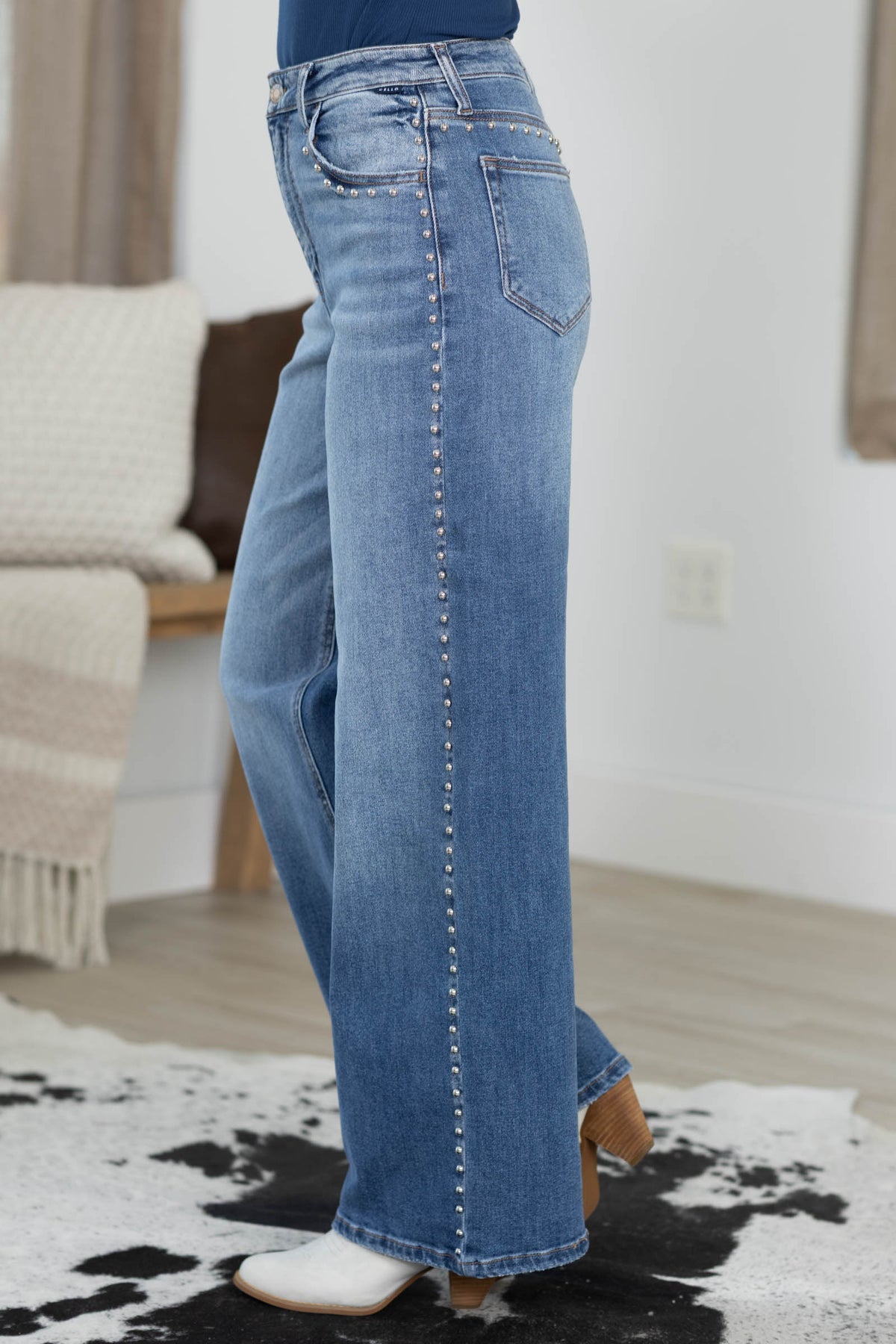 Cello High Rise Studded Wide Leg Jeans