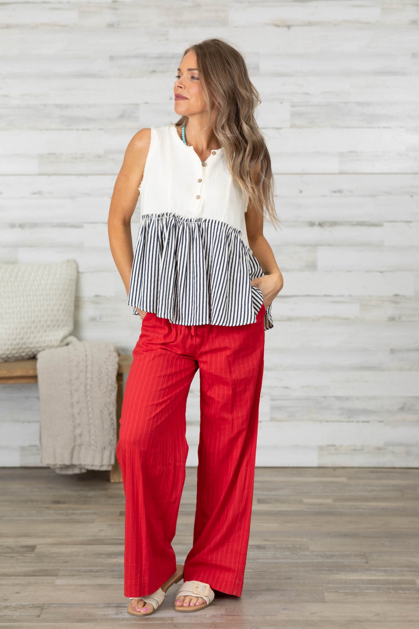 Ivory Striped Tiered Button Sleeveless Top- 100% Cotton