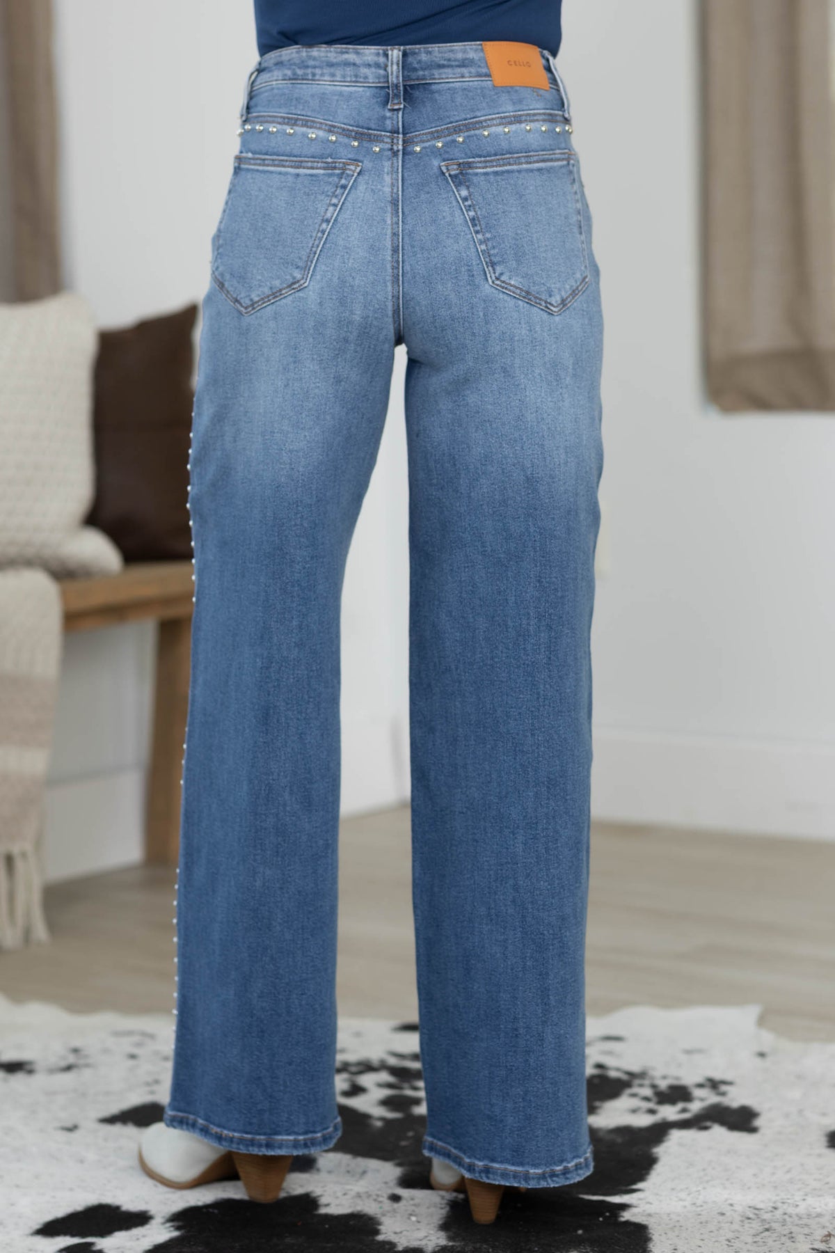Cello High Rise Studded Wide Leg Jeans