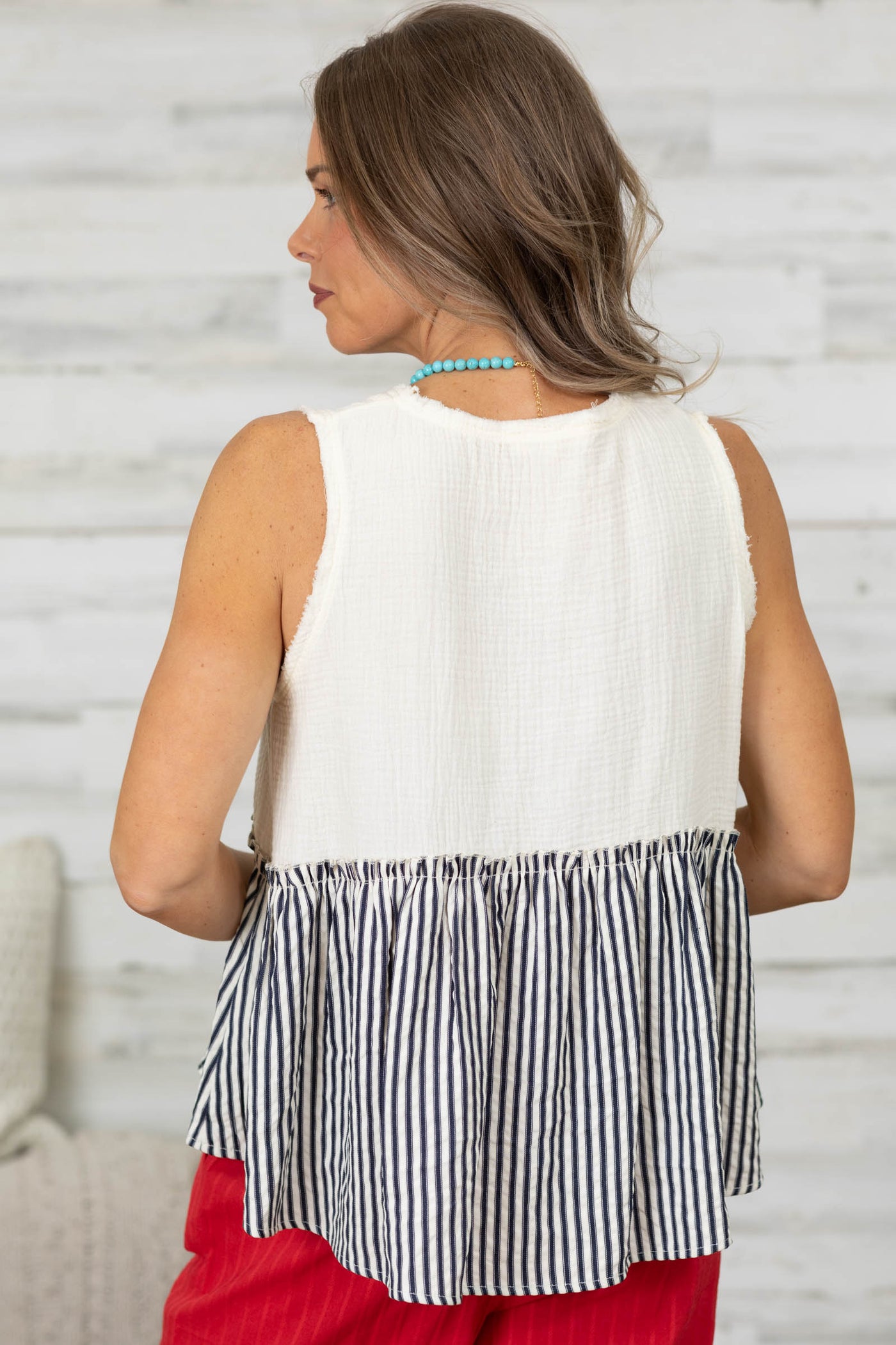 Ivory Striped Tiered Button Sleeveless Top- 100% Cotton