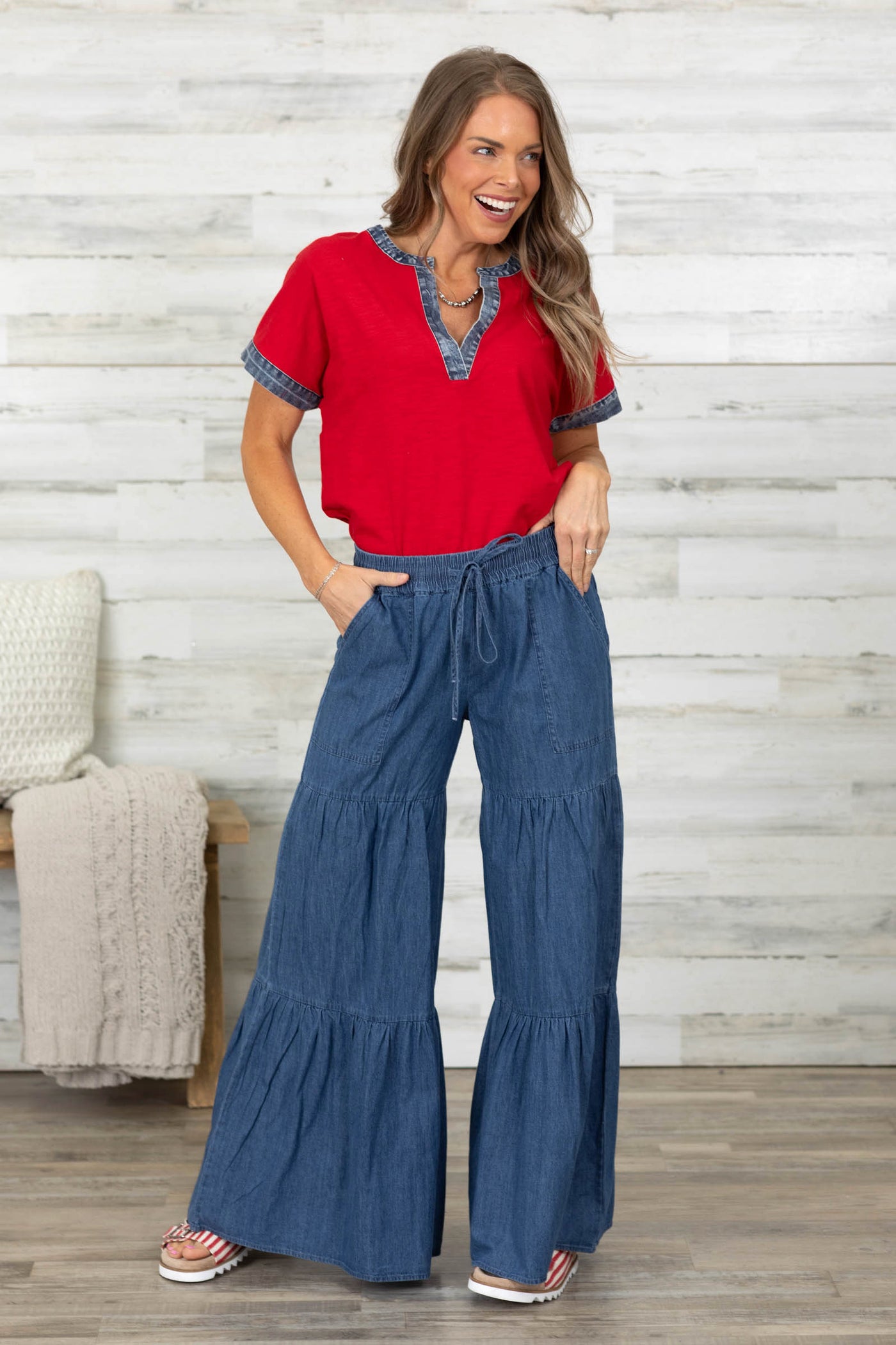 Red Relaxed Fit Denim Trim V-Neck Woven Top