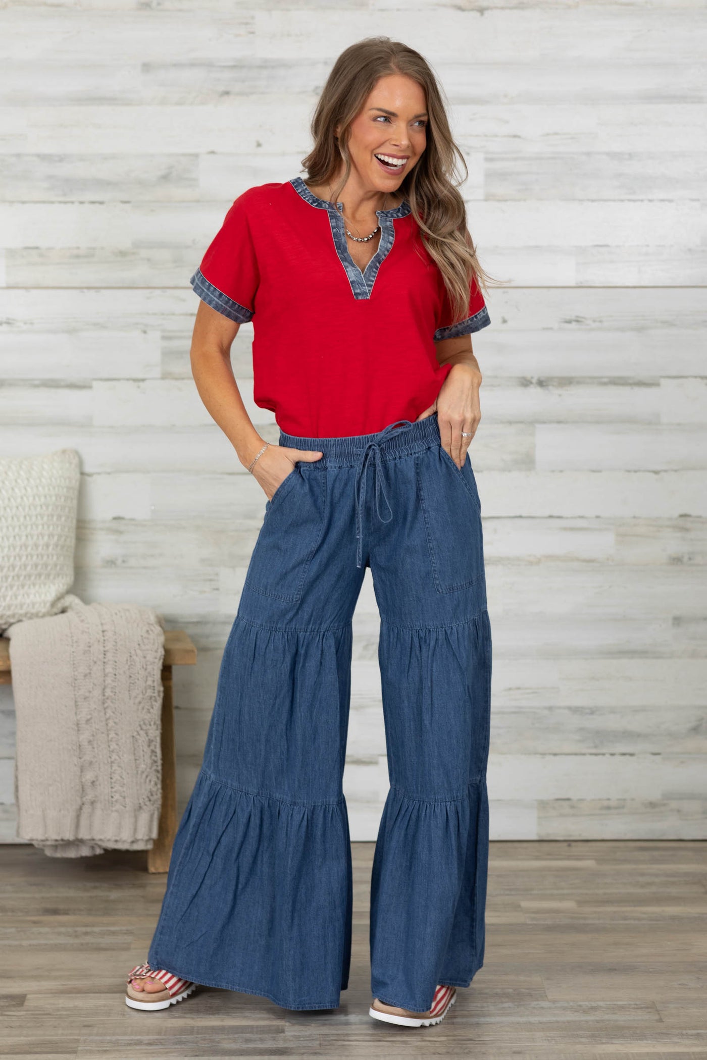 Dark Chambray Tiered Wide Leg Pants- 100% Cotton
