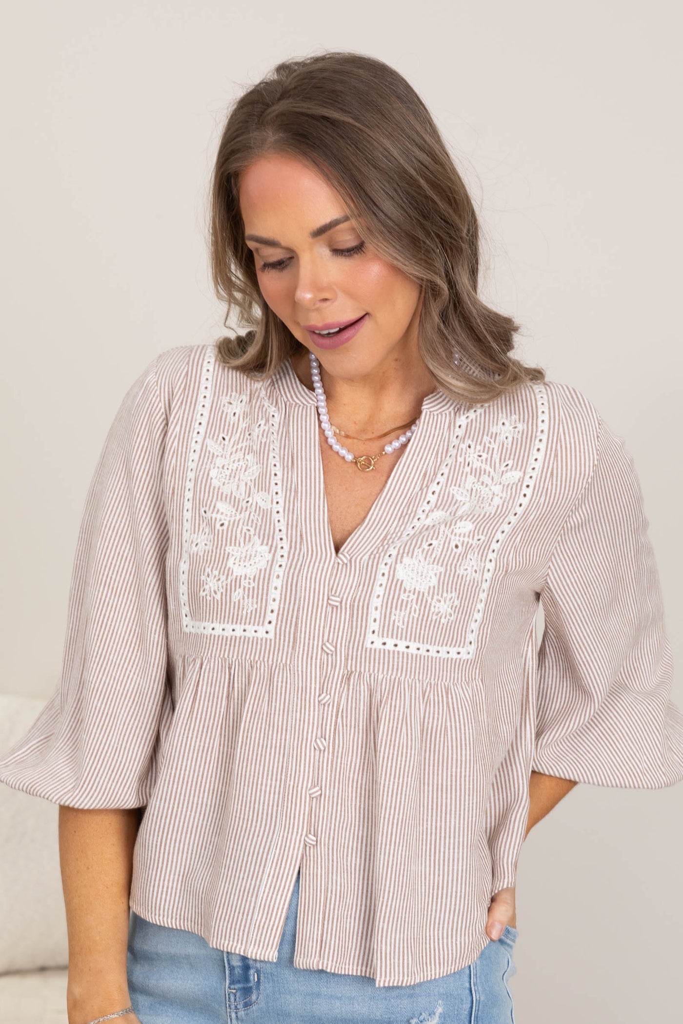 Mocha V-Neck Floral Detail Woven Top