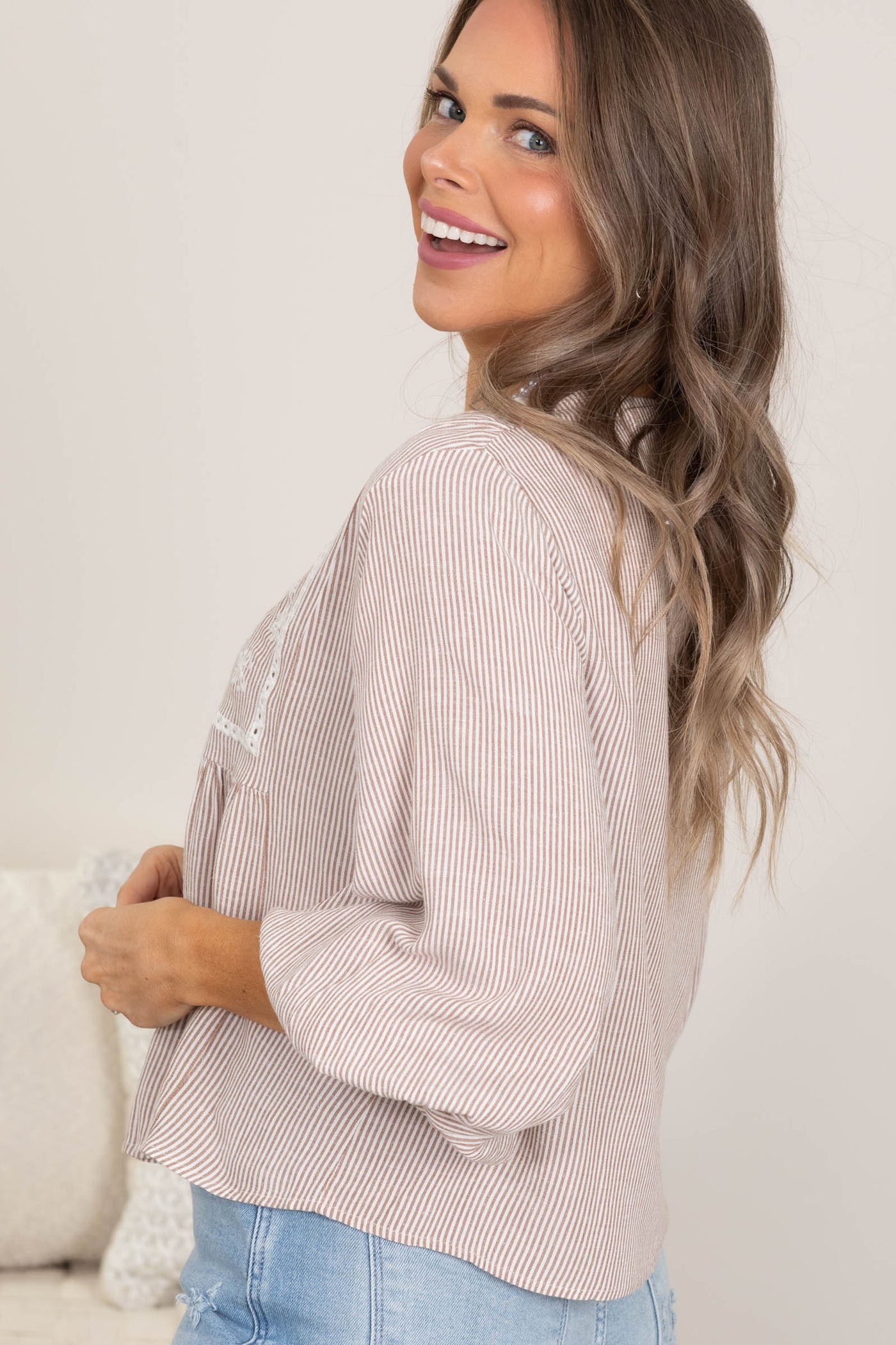 Mocha V-Neck Floral Detail Woven Top