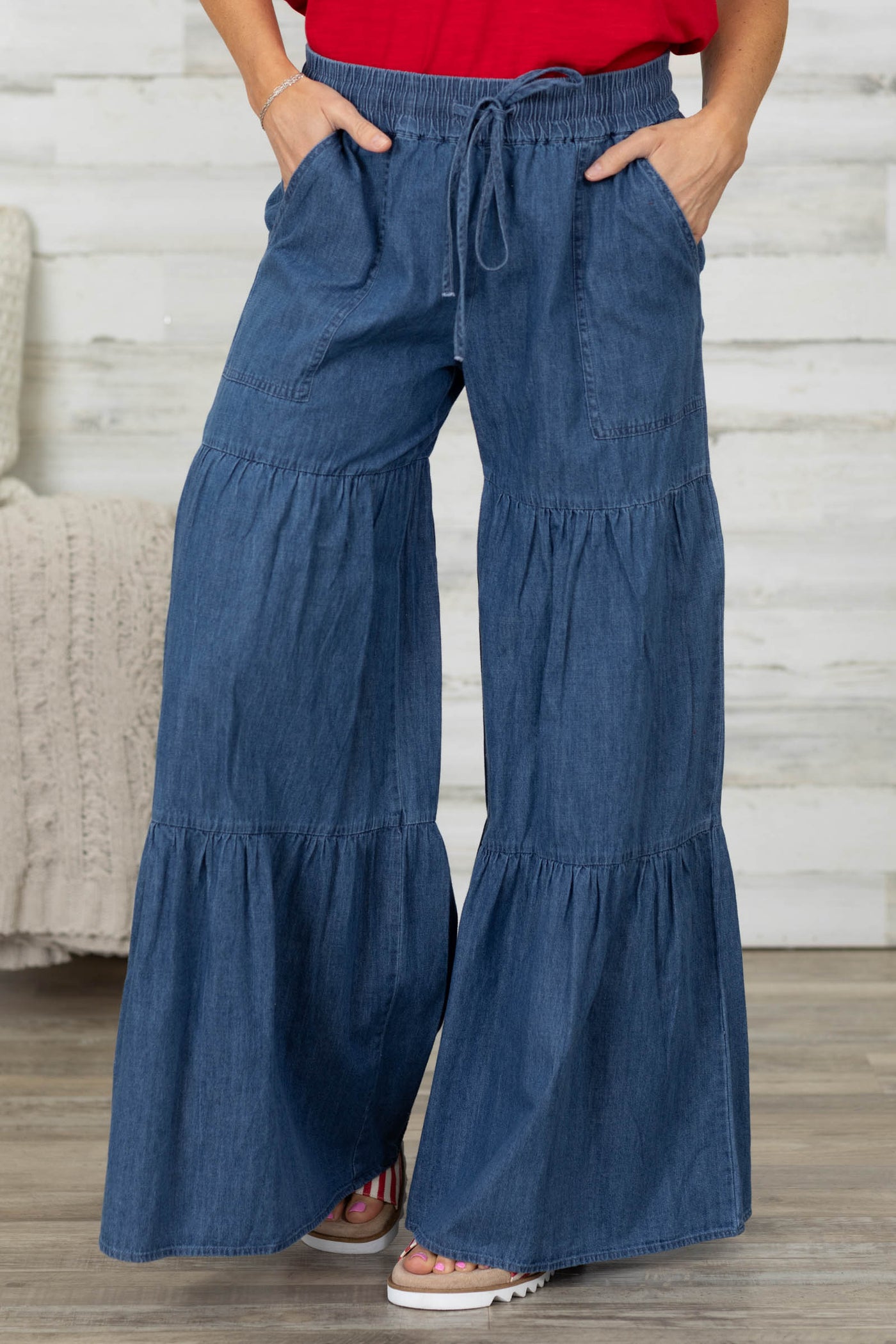 Dark Chambray Tiered Wide Leg Pants- 100% Cotton