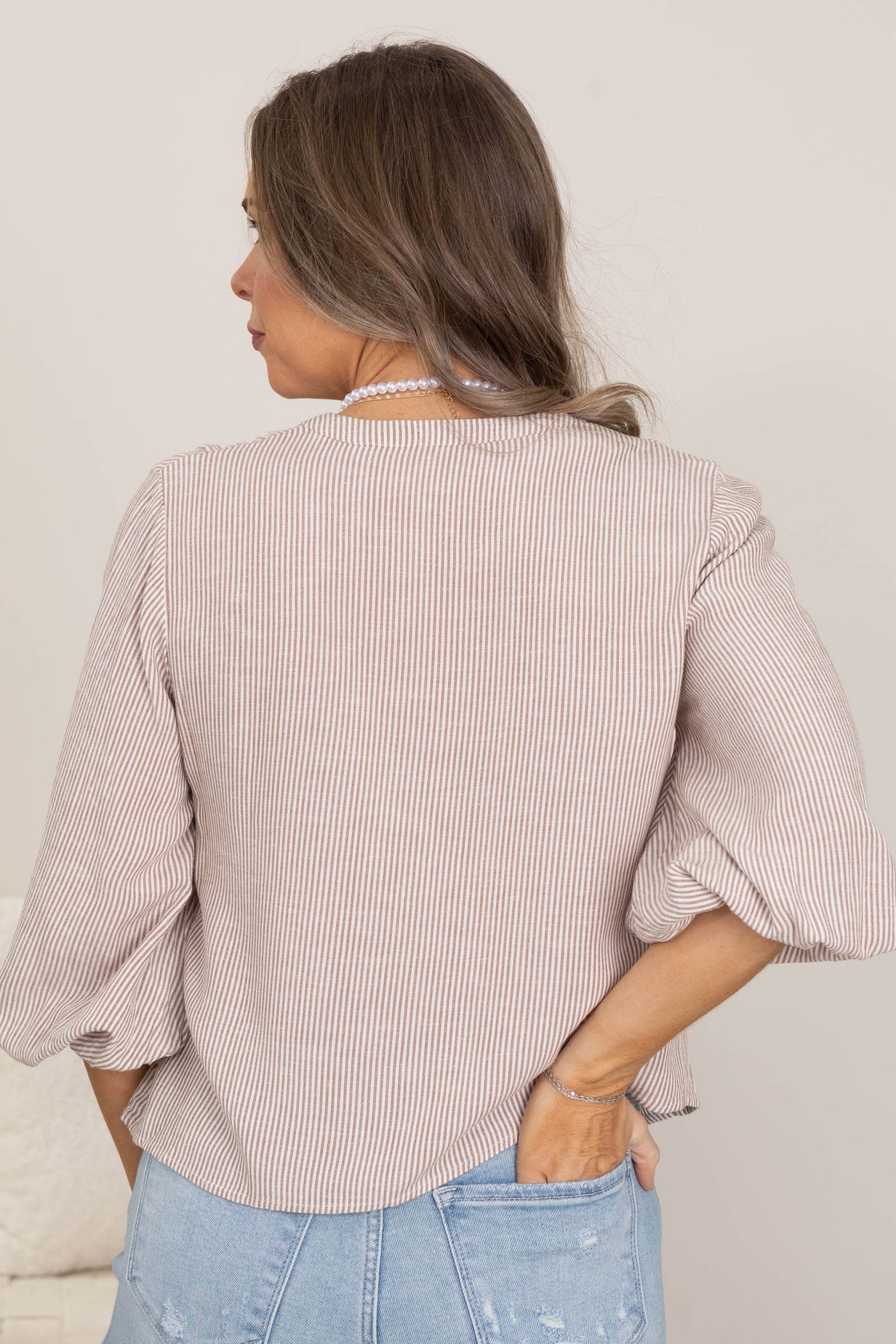 Mocha V-Neck Floral Detail Woven Top