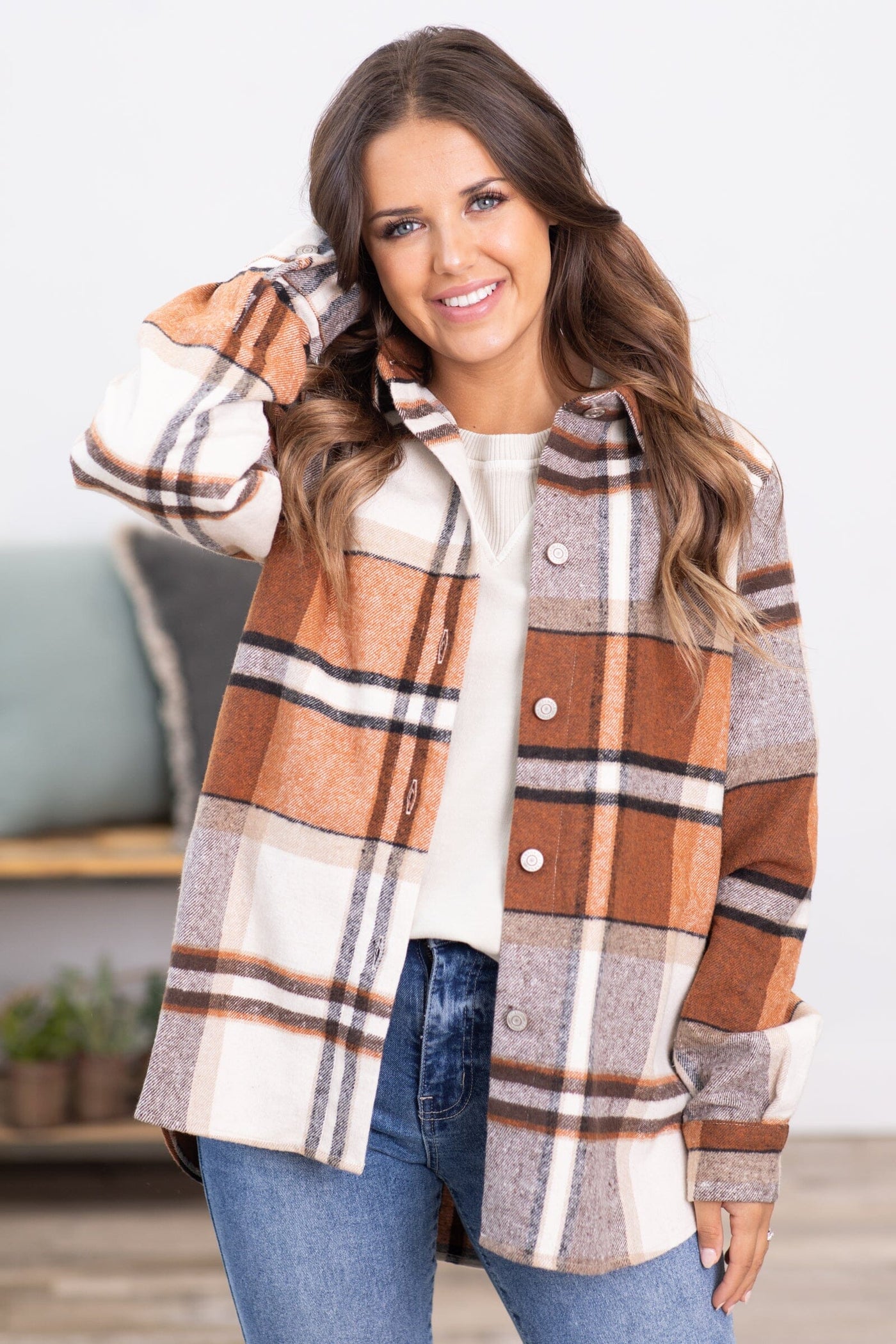 Camel and Cream Plaid Shacket - Filly Flair