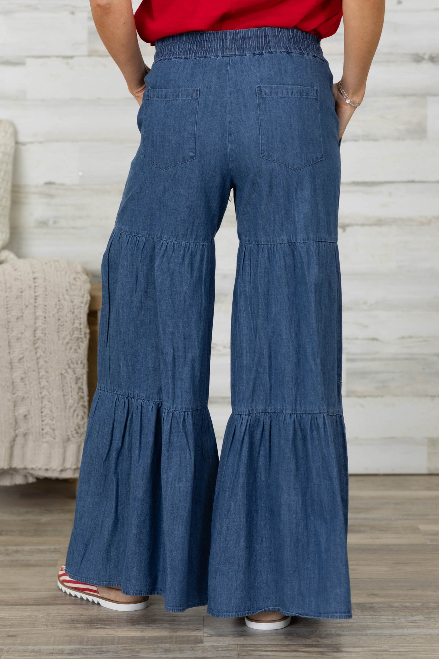 Dark Chambray Tiered Wide Leg Pants- 100% Cotton