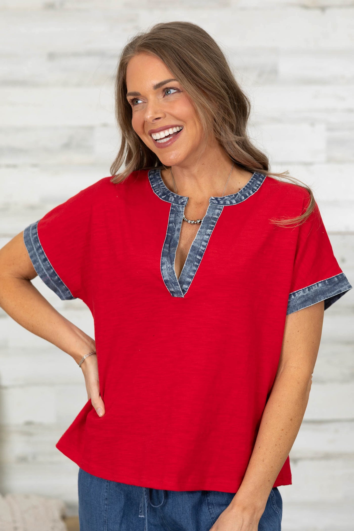 Red Relaxed Fit Denim Trim V-Neck Woven Top