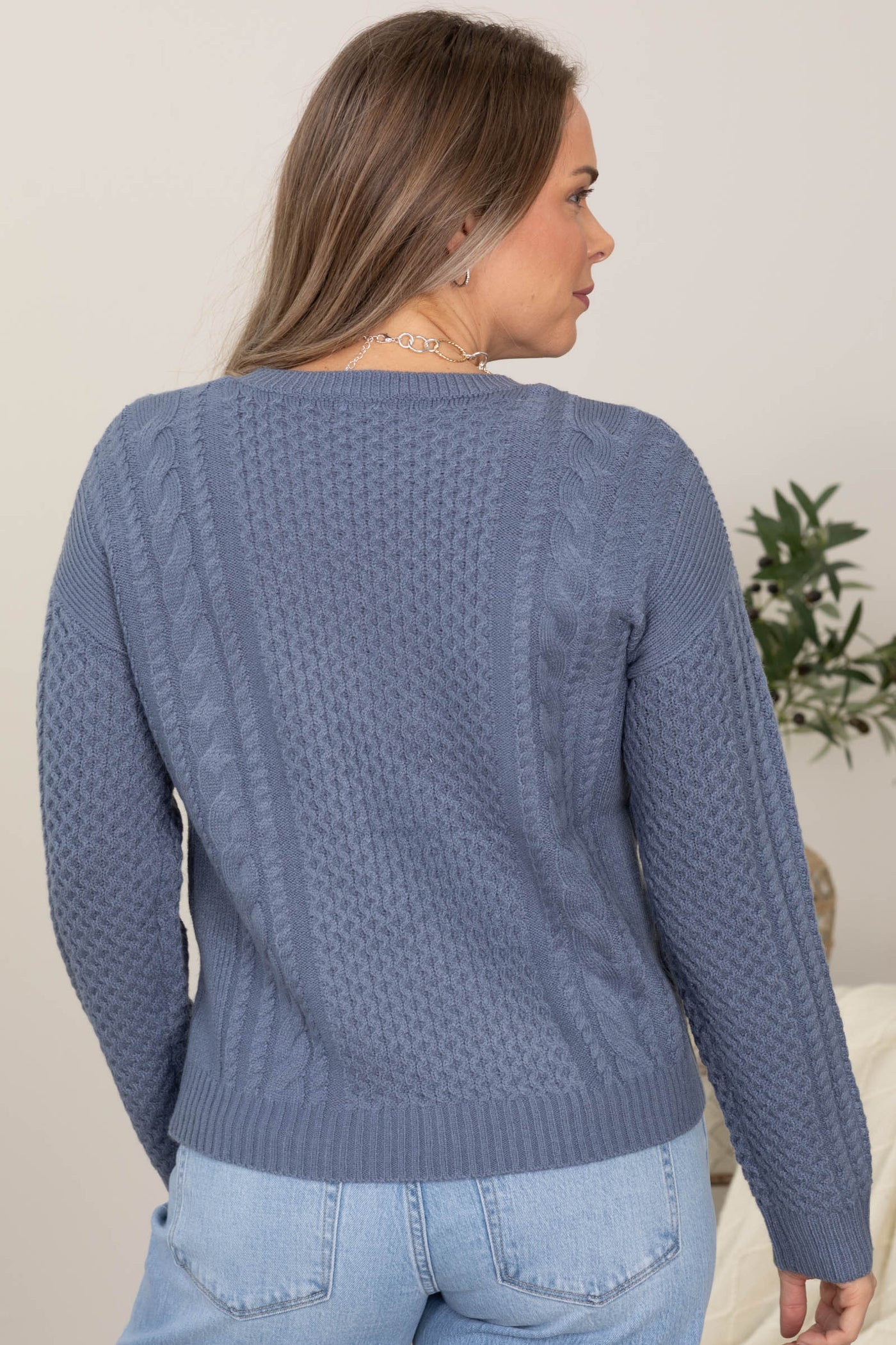 Slate Blue Classic Cable Knit Crewneck Sweater